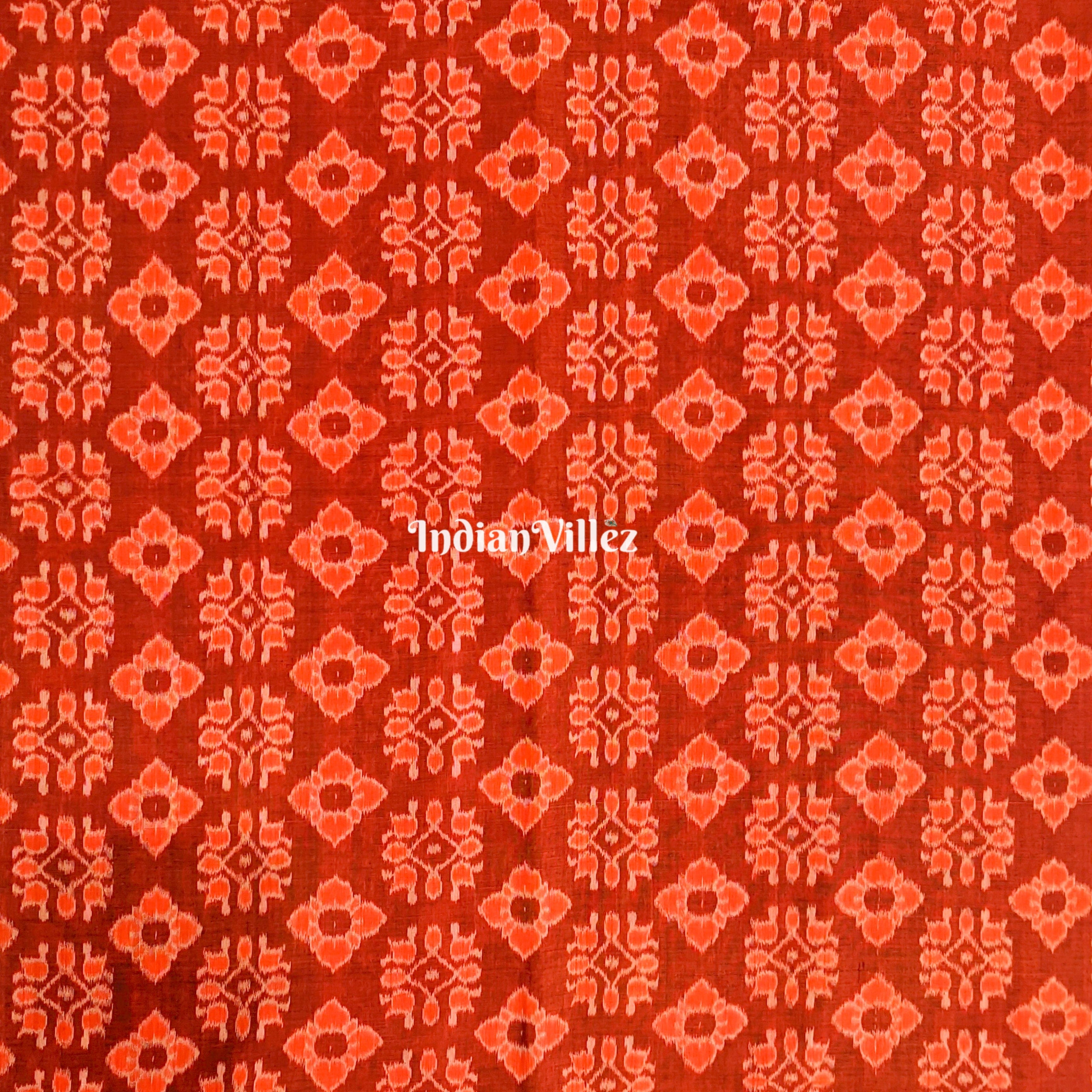 IndianVillèz Dark Orange Flowers Odisha Handloom Cotton Ikat Fabric - view 2