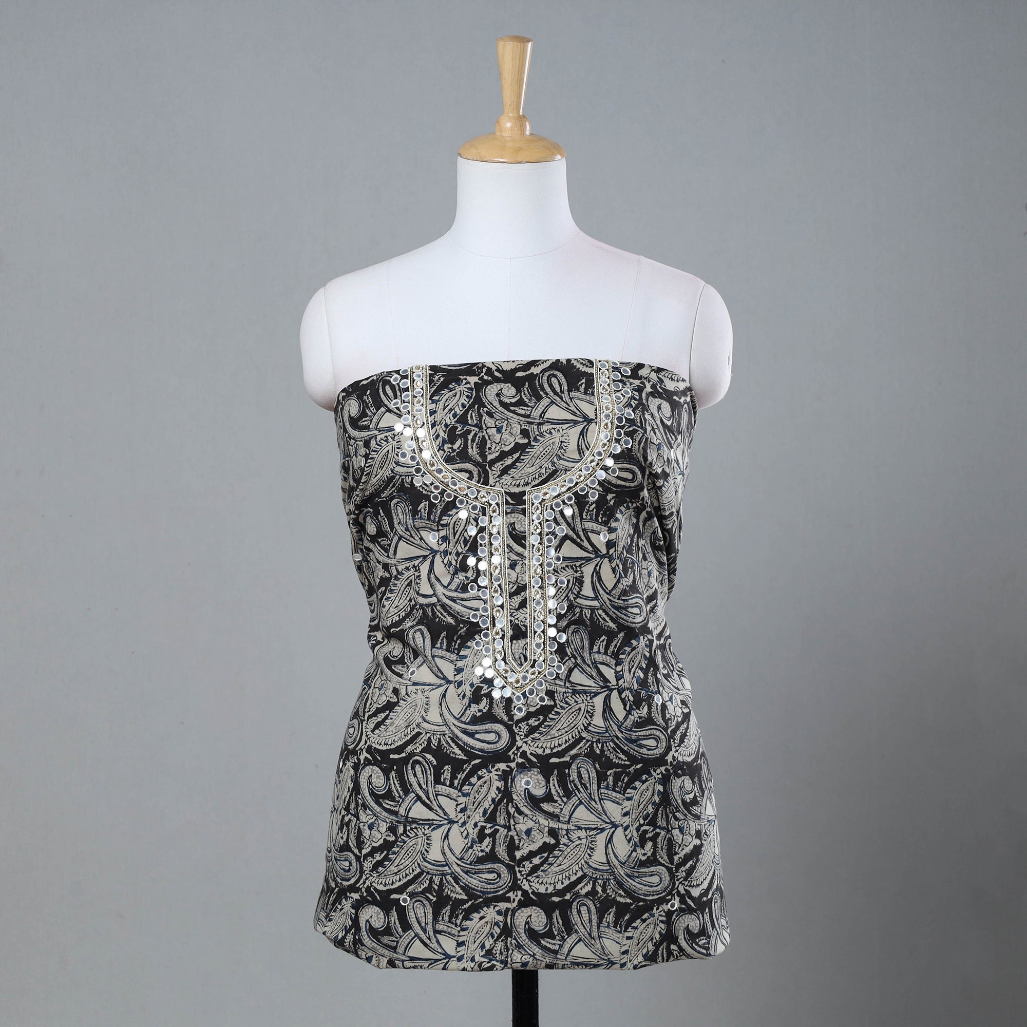 NOORI BAZAR Black - Bead Work Embroidery Kalamkari Block Printed Cotton Kurta Material - 2.5 meter