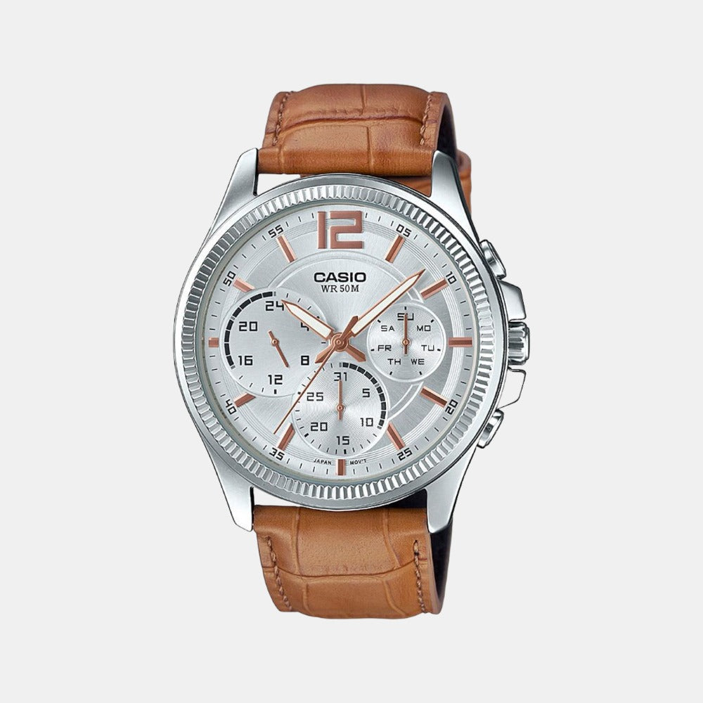 Casio Enticer Men Quartz Silver Dial Chronograph Leather Watch A1890