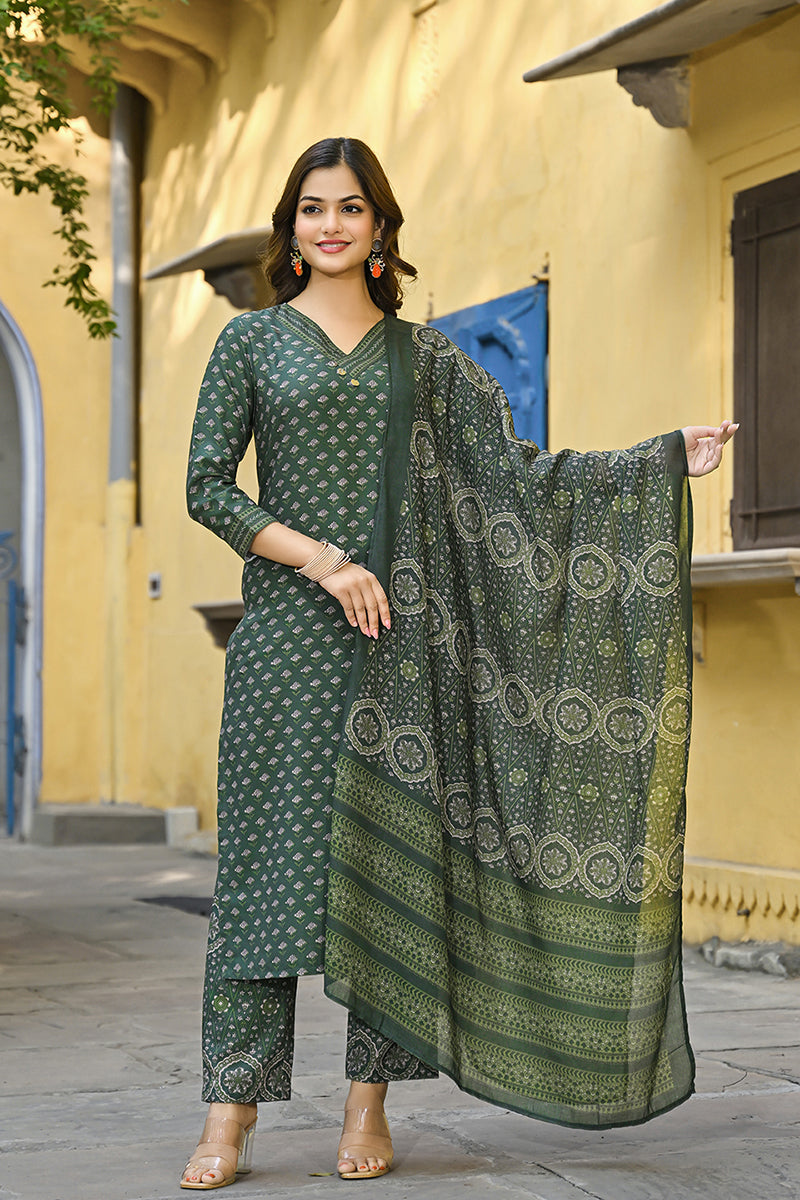 Ahika Green Cotton Blend Floral Printed Straight Suit Set VKSKD2298 - view 3