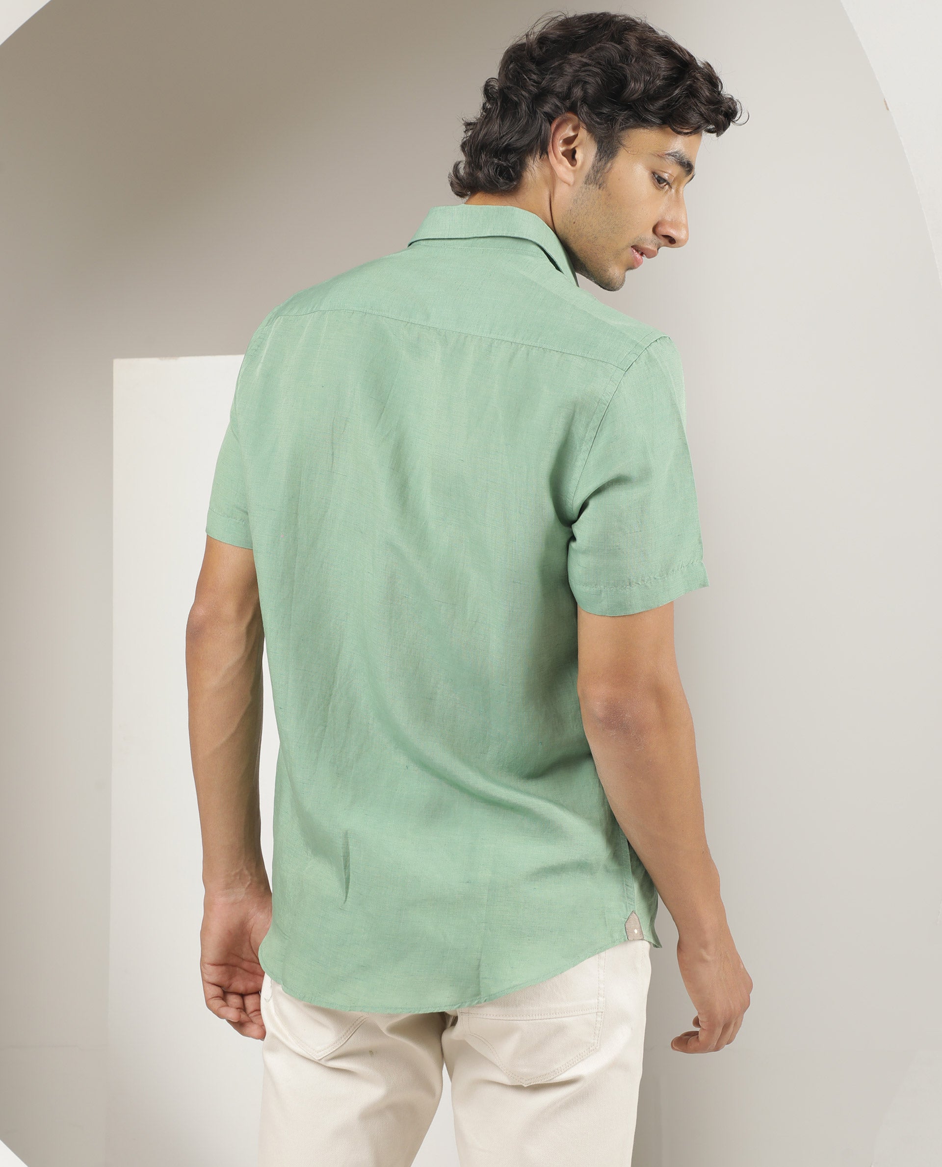 Rare Rabbit Men's Mik Light Green Modal Linen Fabric Half Sleeves Solid Shirt - view 7