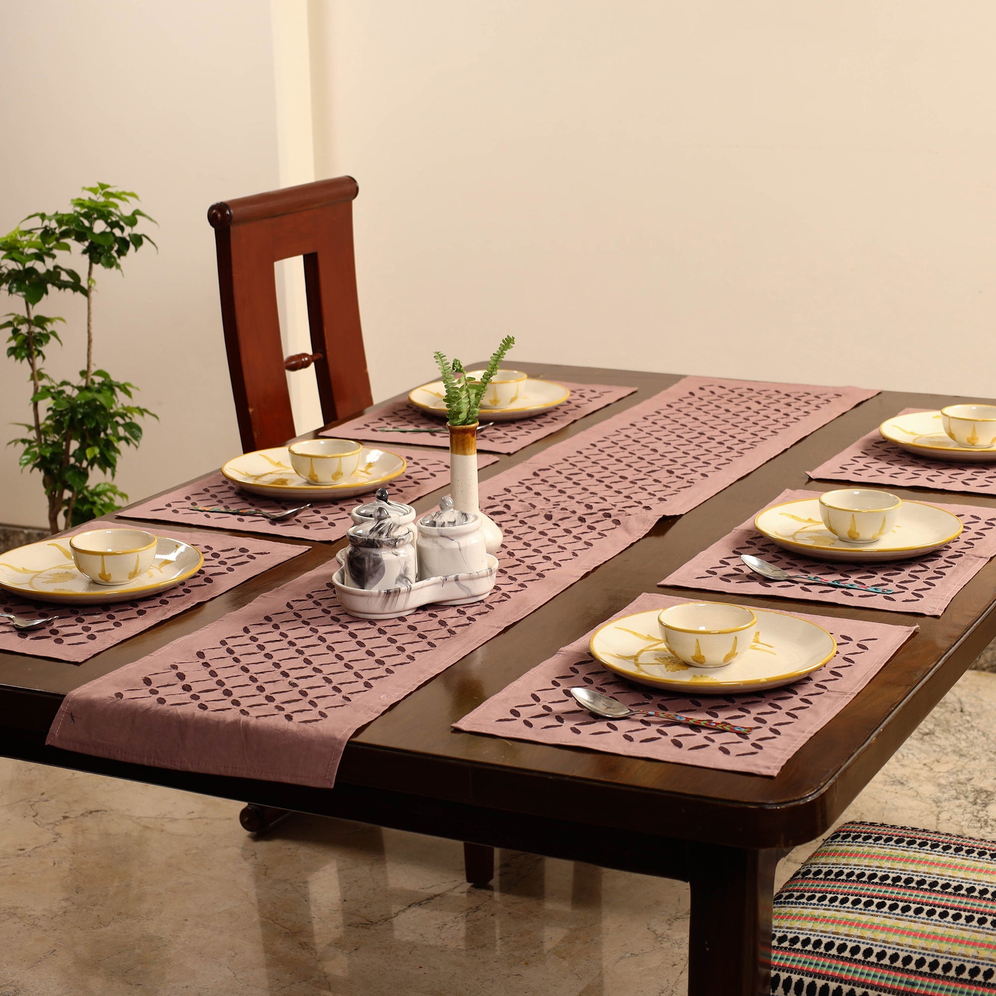 SHADES OF MARUDHARA Brown - Applique Cut Work Table Runner with Table Mat Set 88