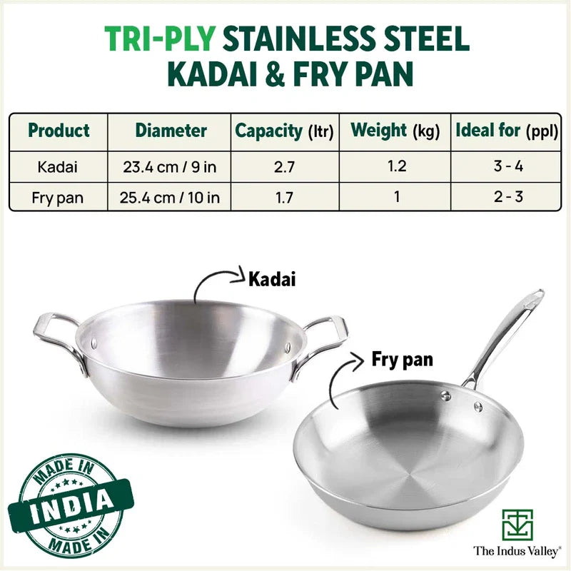 The Indus Valley TurboCuk Tri-ply Stainless Steel Cookware Set: Free ₹600 Wood Chopping Board+ Kadai+ Fry Pan, Premium Quality, 3 Layer Thick Body, 10 - view 3