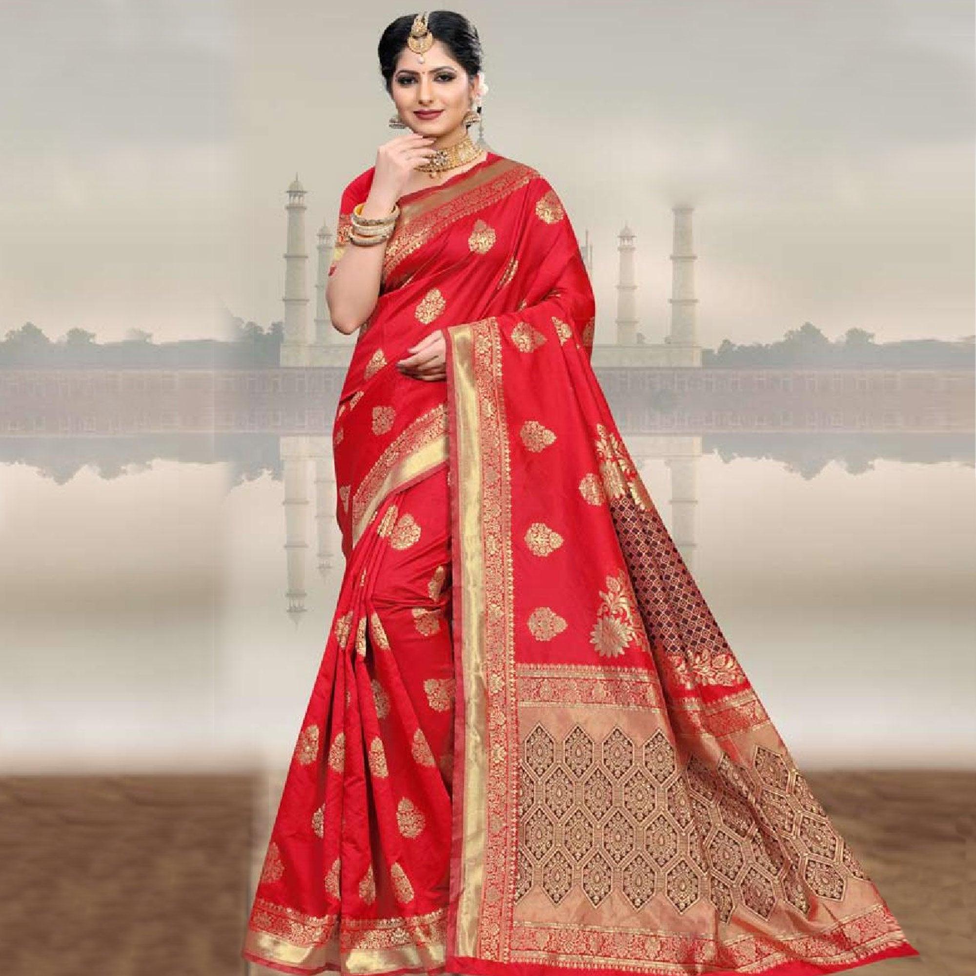 Peachmode Innovative Red Colored Festive Wear Woven Art Silk Saree