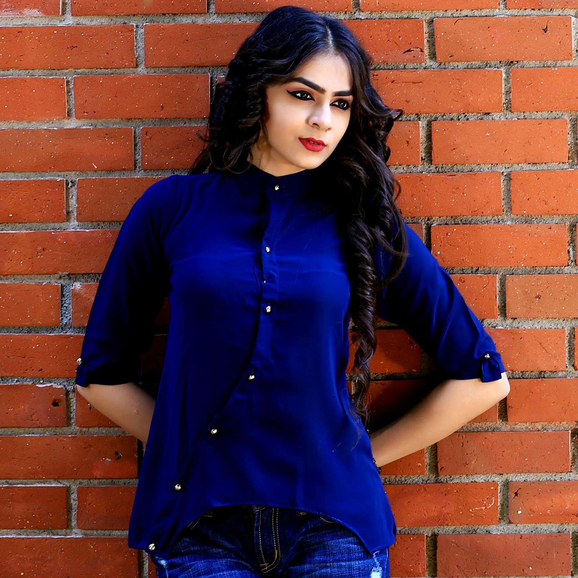 Peachmode Seller Blue Solid Rayon Top