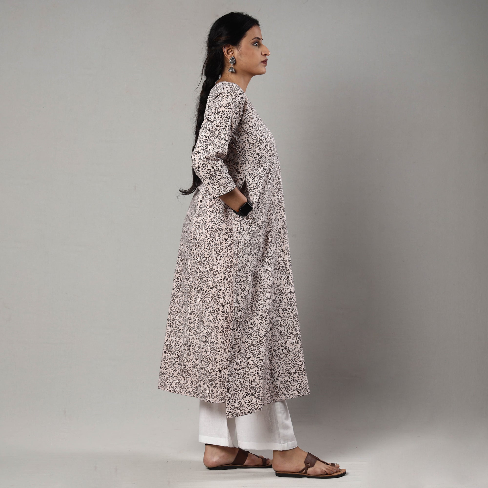 ITOKRI CASUALS Beige - White & Black - Block Print Cotton A-Line Bagh Kurta - view 4