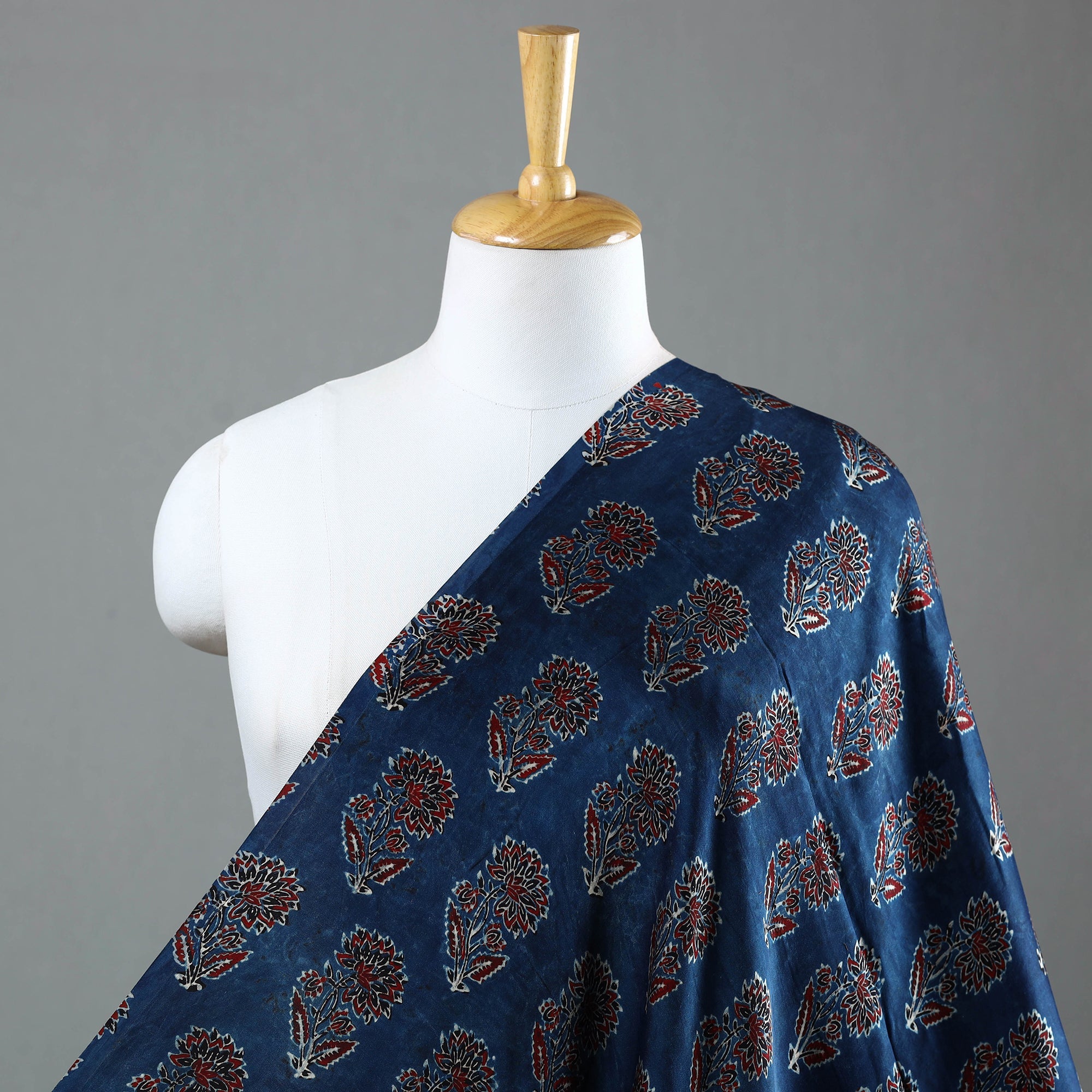 AJRAKH BY JABBAR KHATRI Blue - Ajrakh Block Printed Modal Silk Fabric from Kutch 25