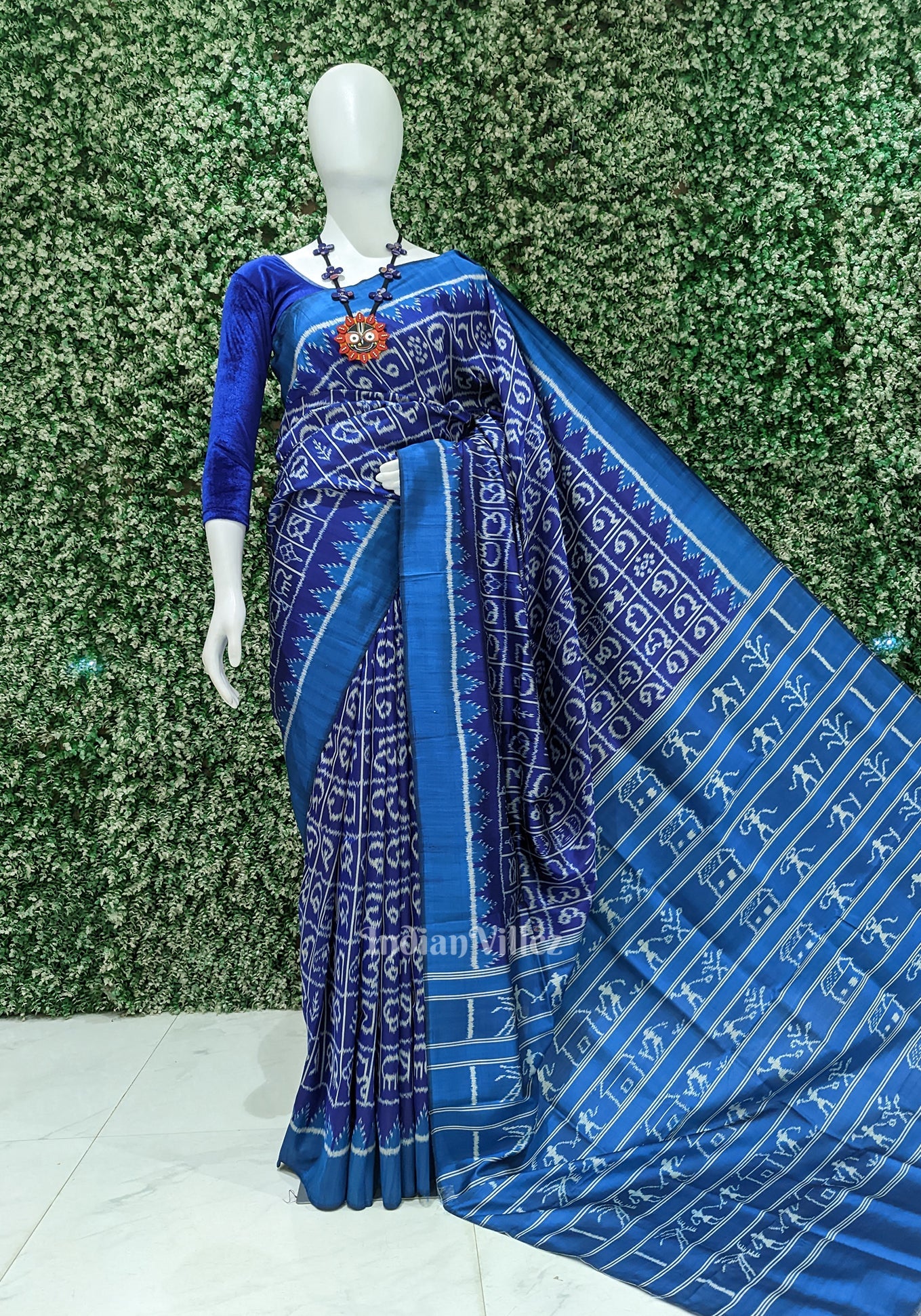 IndianVillèz Royal Blue Odia Barnamala Designer Contemporary Silk Saree