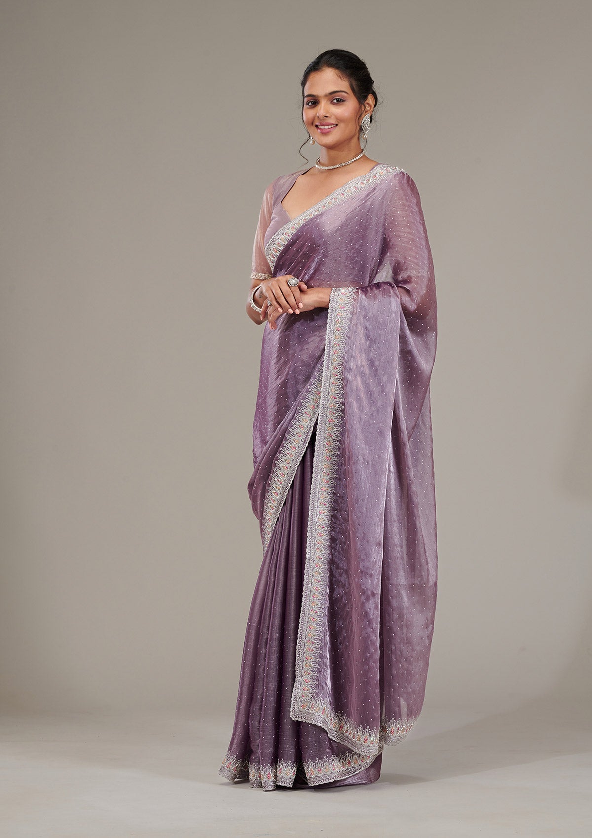 Koskii Purple Stonework Chiffon Saree – Women's - view 4