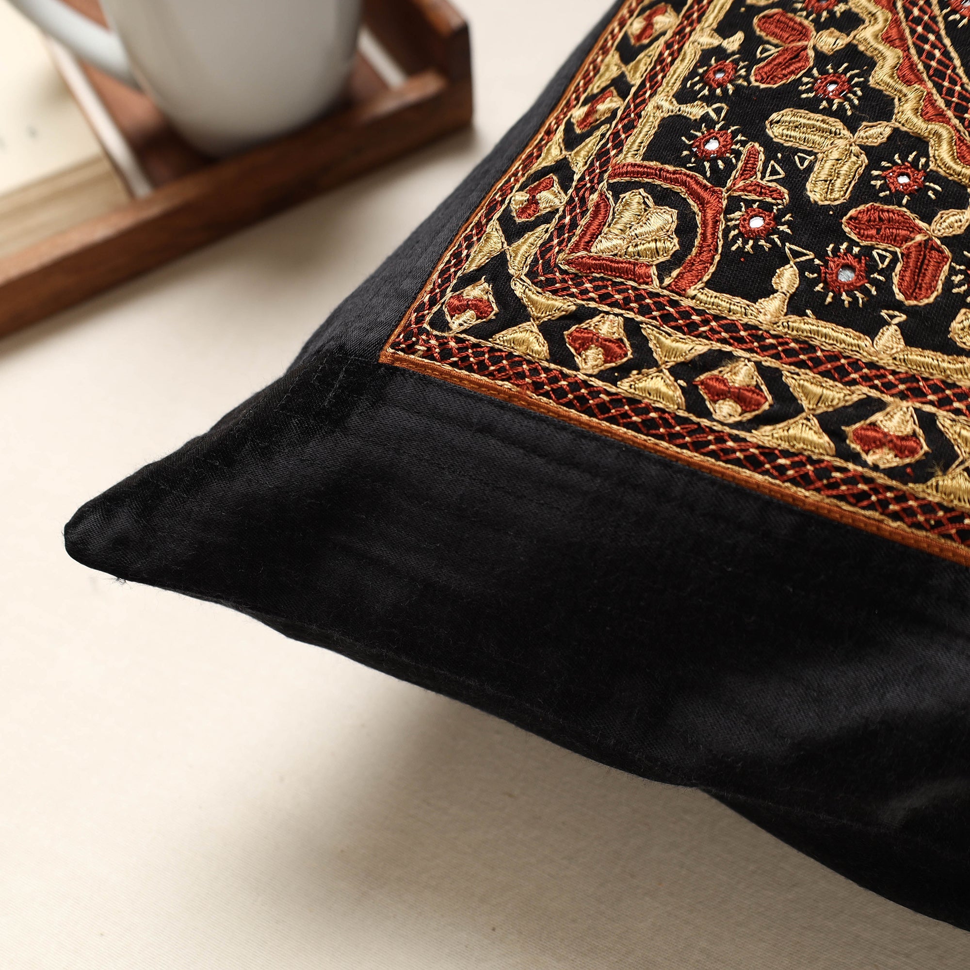 QASAB Black - Kutch Pakko Hand Embroidery Mashru Silk Cushion Cover (16 x 16 in) - view 2