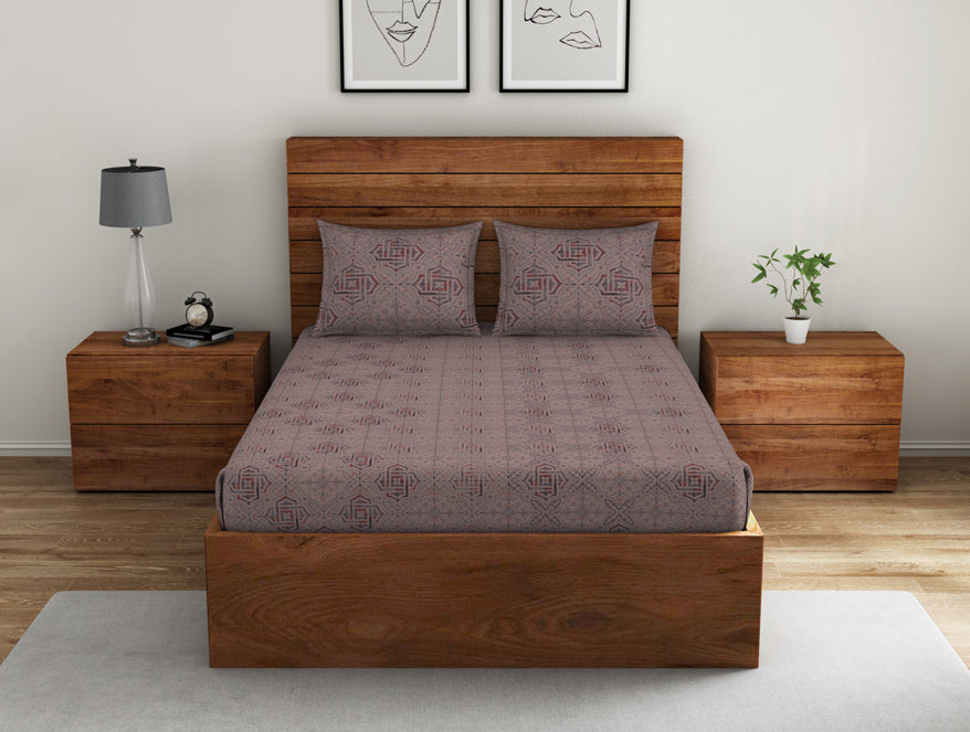 Spaces India Geometric Shadow Gray - Light Brown 100% Cotton Double Bedsheet - Morroccan By Spaces