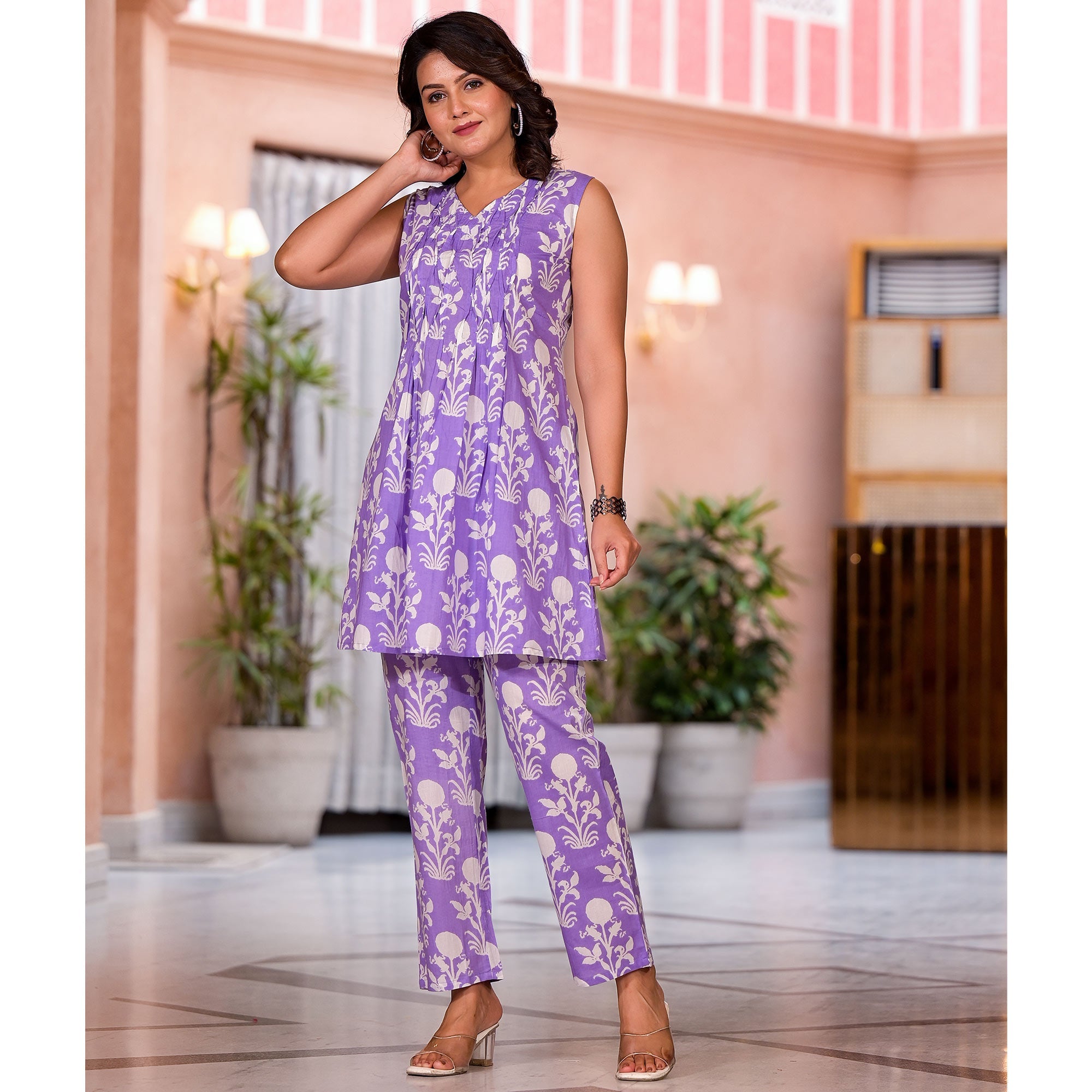 Peachmode Lavender Floral Printed Pure Cotton A-Line Co-Ord Set - view 6