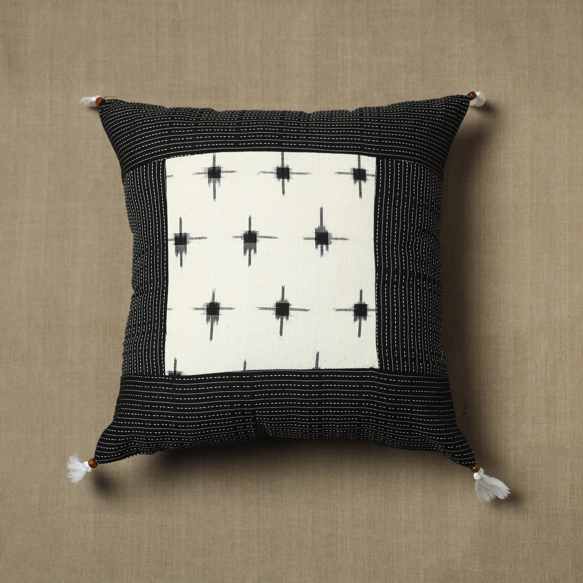 NOORI BAZAR Black - Kantha Stitch Ikat Cotton Cushion Cover (16 x 16 in) 04