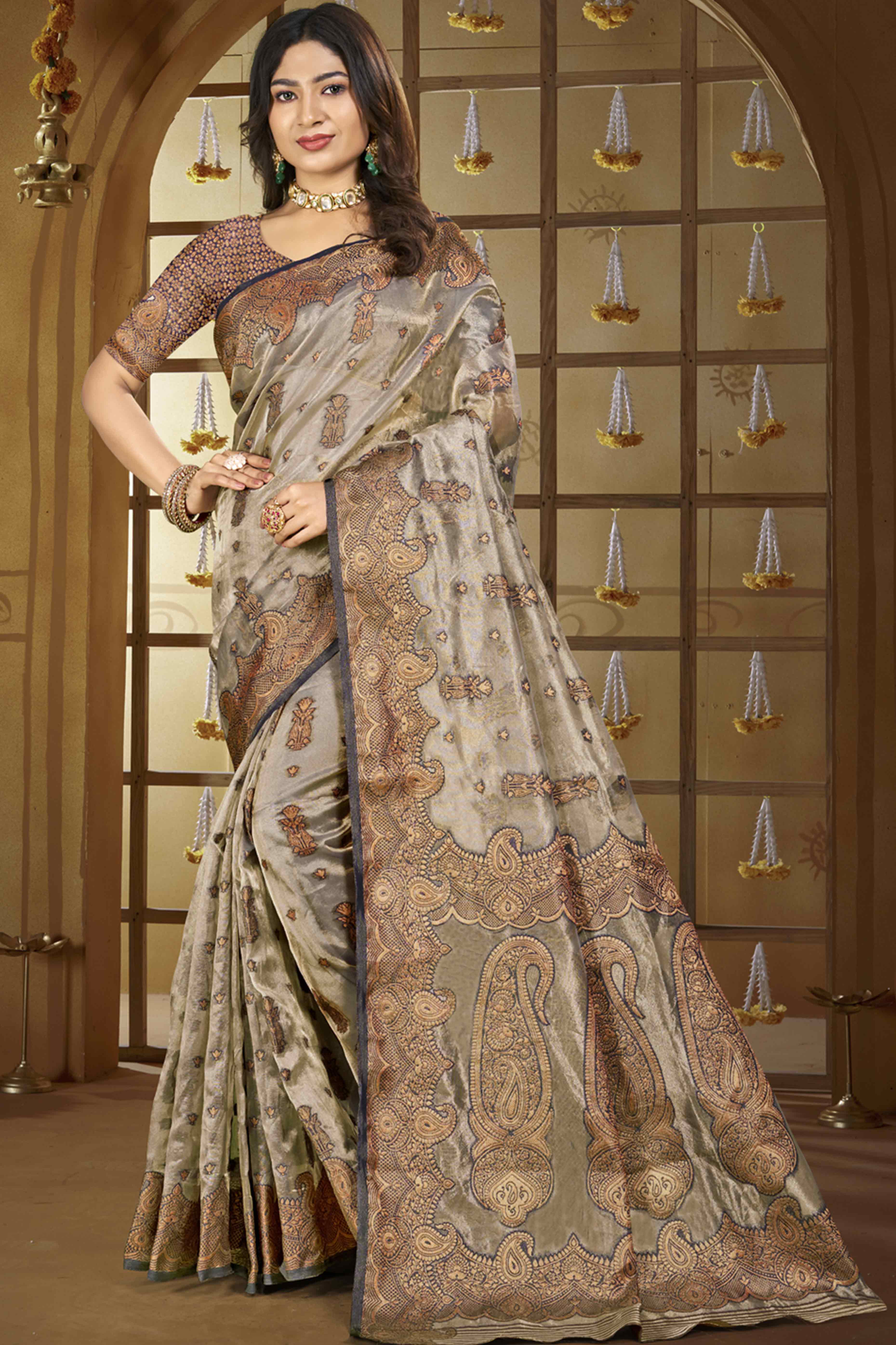 Grey sarees – BlackTree grey-paisley-pattern-woven-organza-silk-saree
