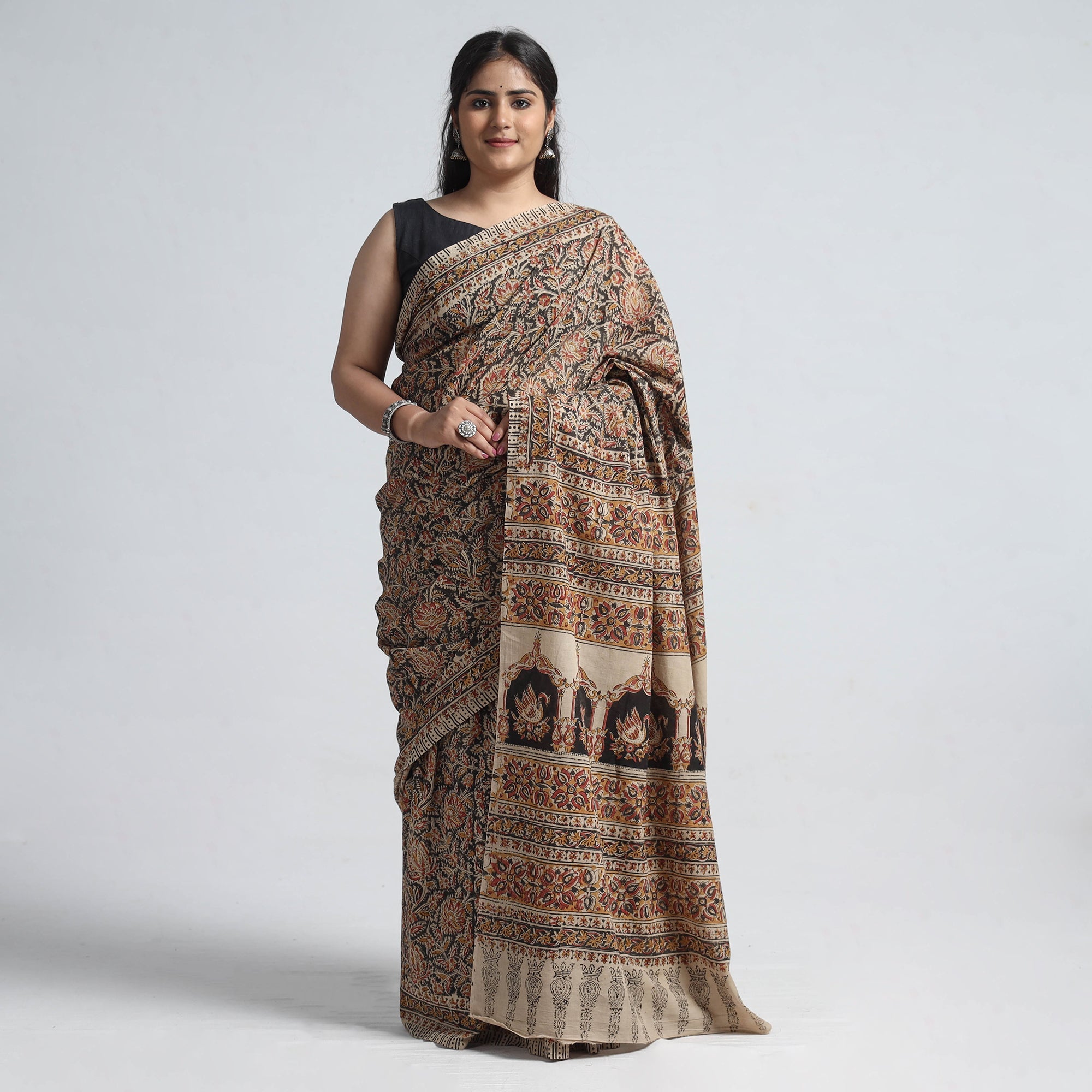 VENKATA BHANU KALAMKARI PEDANA Brown - Pedana Block Print Cotton Kalamkari Saree