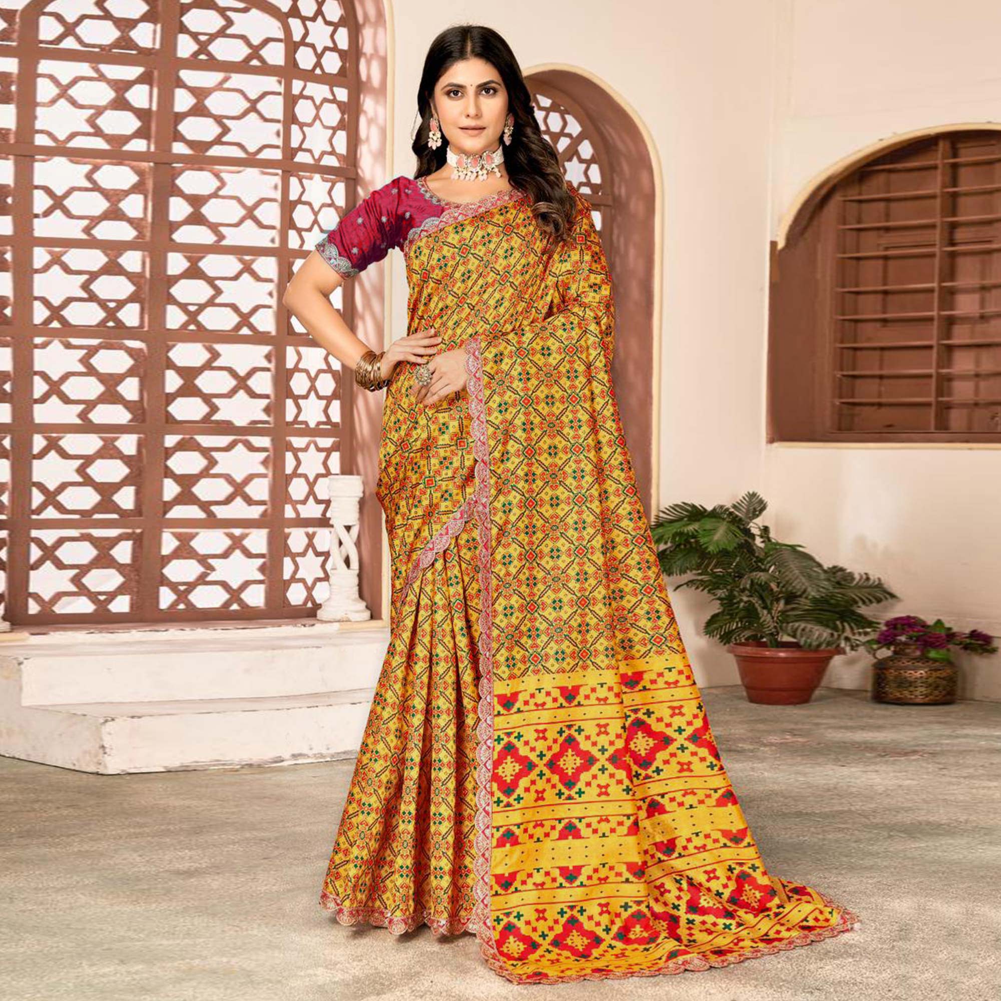 Peachmode Mustard Printed Patola Tussar Silk Saree - view 4