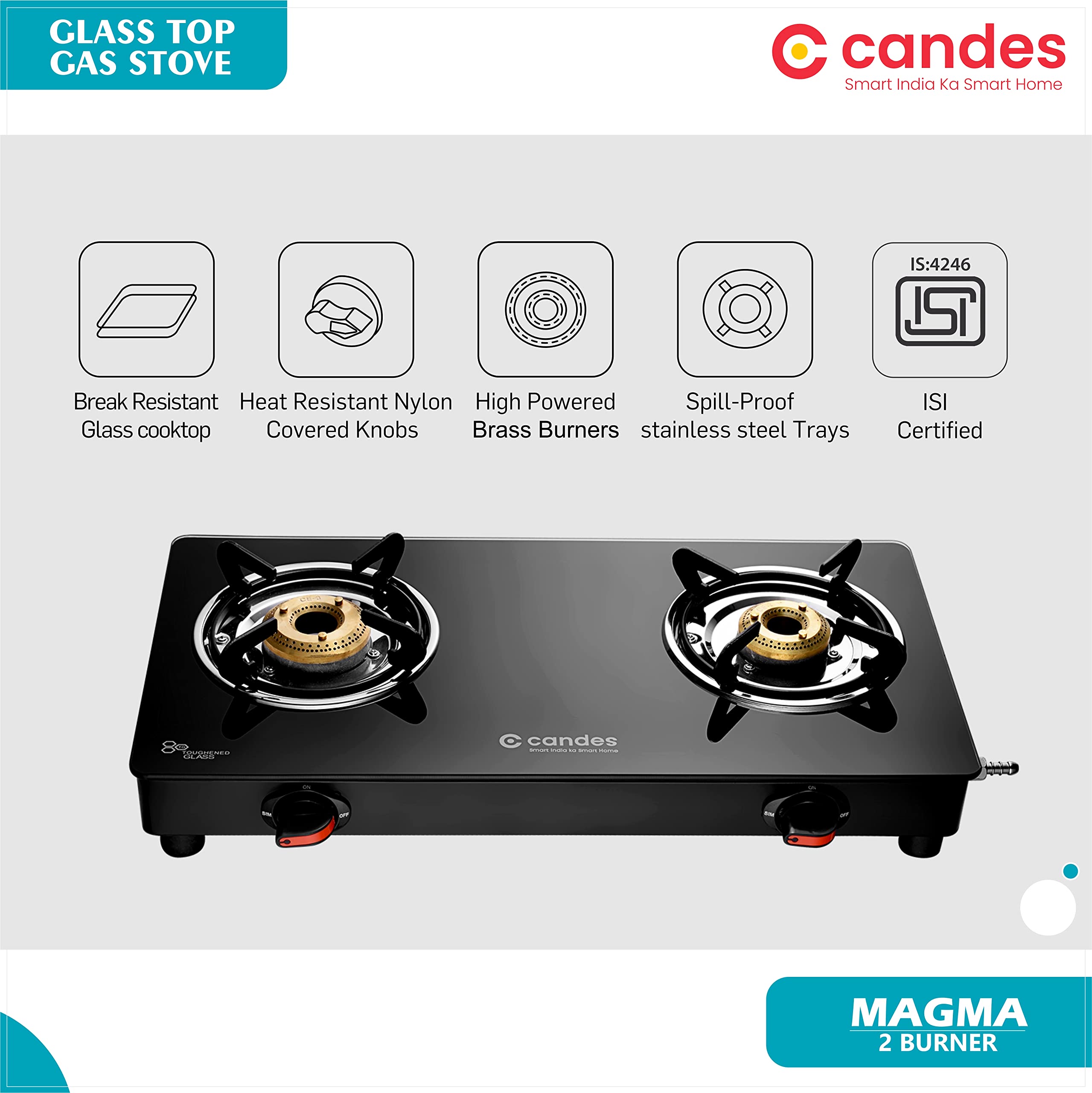 Candes Magma Glass Top Gas Stove | Manual Ignition, Black (ISI Certified, With 18 Months Warranty (2 Burner) - view 2
