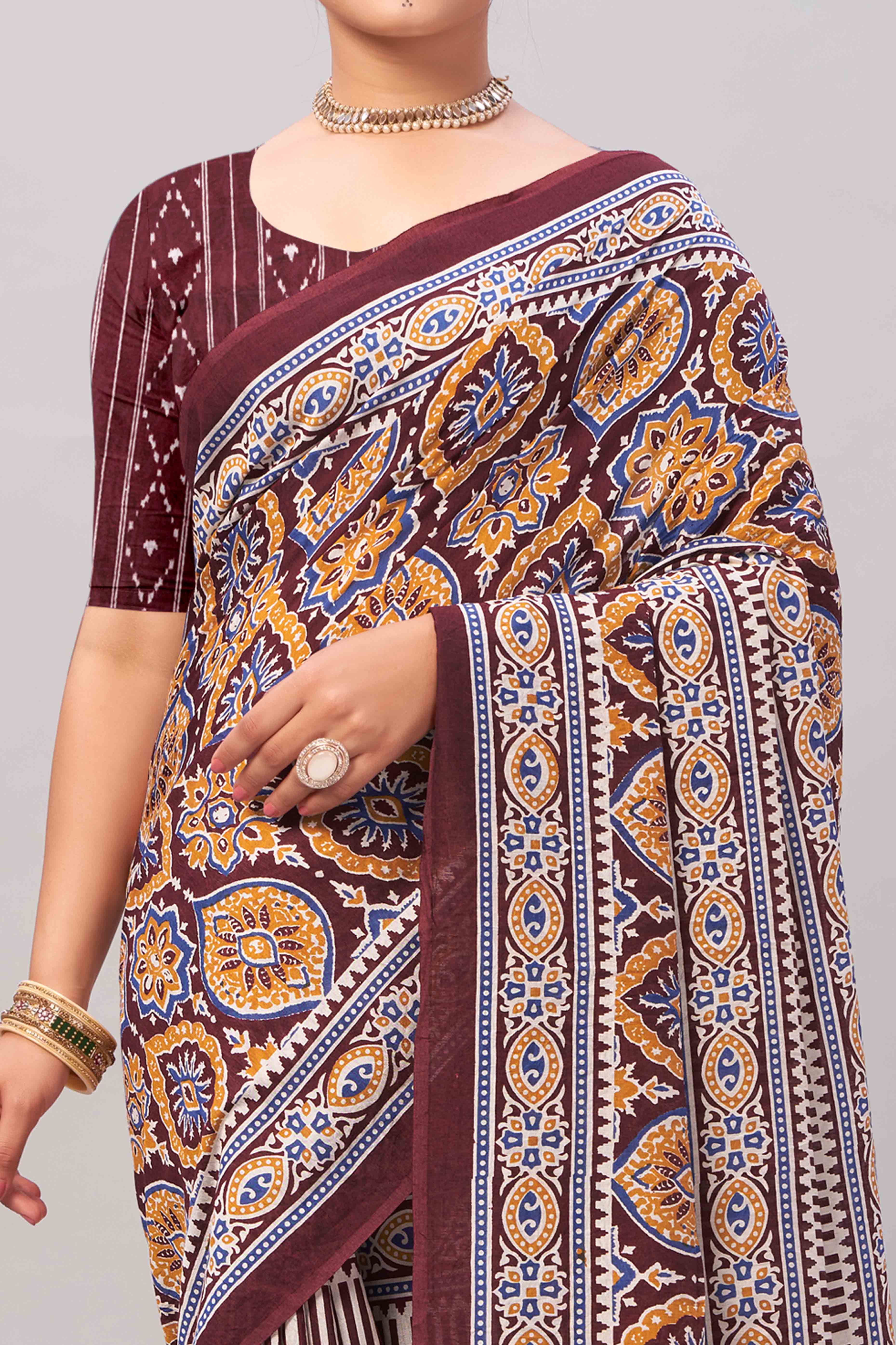 Peachmode Dark Maroon Ajrakh Printed Cotton Blend Saree - view 2