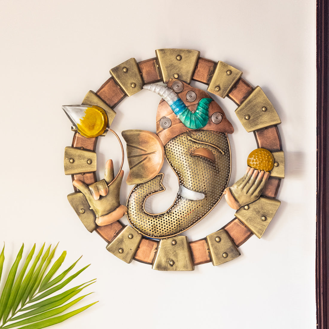 Handmade handpainted wall – EXCLUSIVELANE 'Glories of Ganesha' Handmade & Handpainted Wall Hanging In Iron