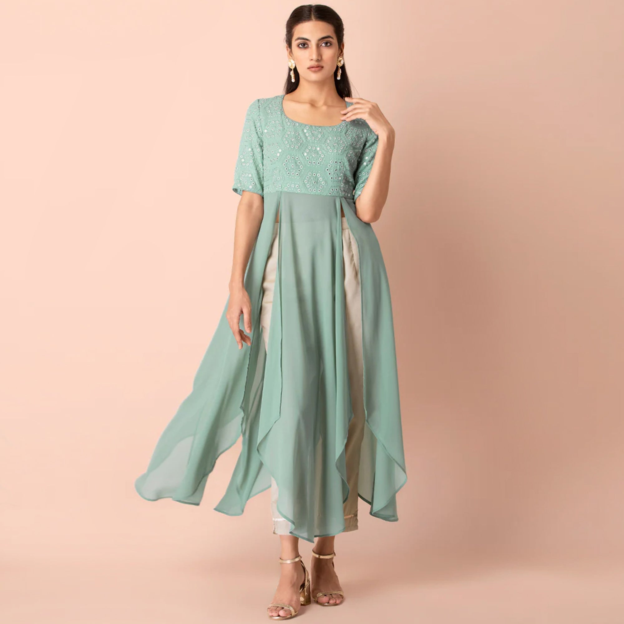 Peachmode Seller Light Sea Green Mirror Embroidered Georgette Kurti