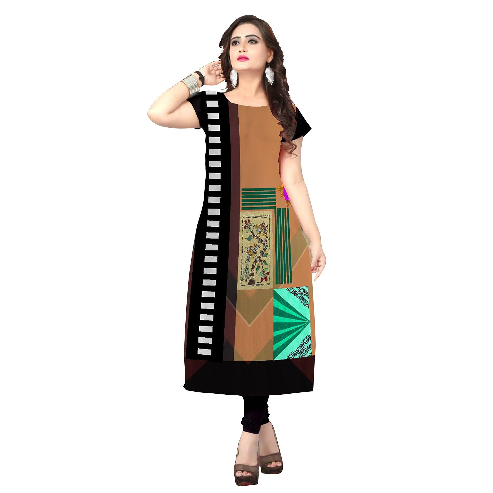 Peachmode Seller Imposing Brown Colored Casual Printed Crepe Kurti