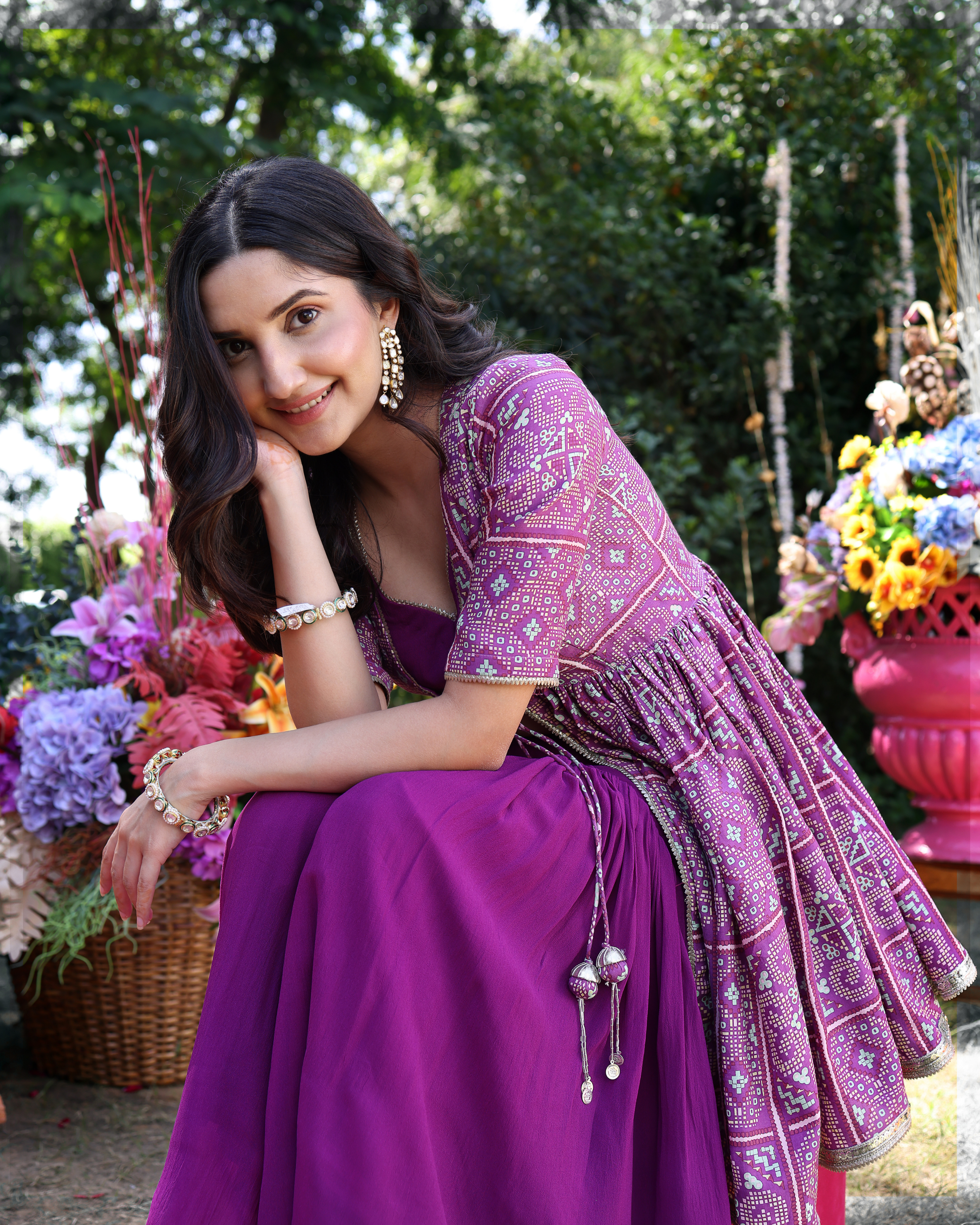 Aachho Geometric Purple Elegance Printed Satin Sharara Set - view 5