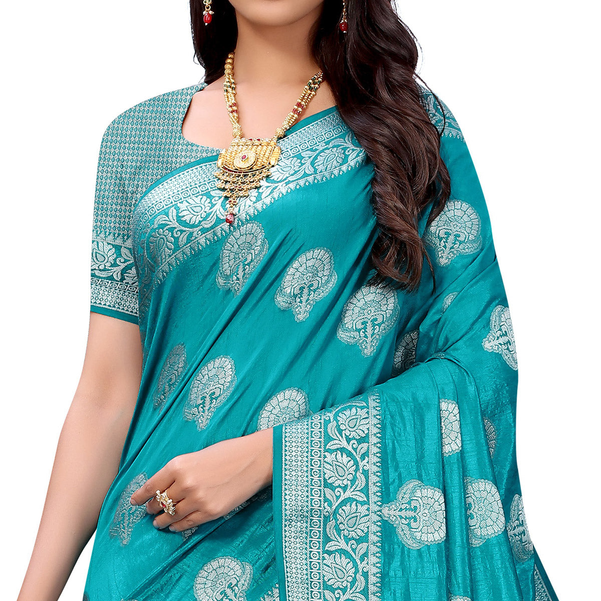 Peachmode Firozi Festive Wear Woven Art Silk Saree - view 2