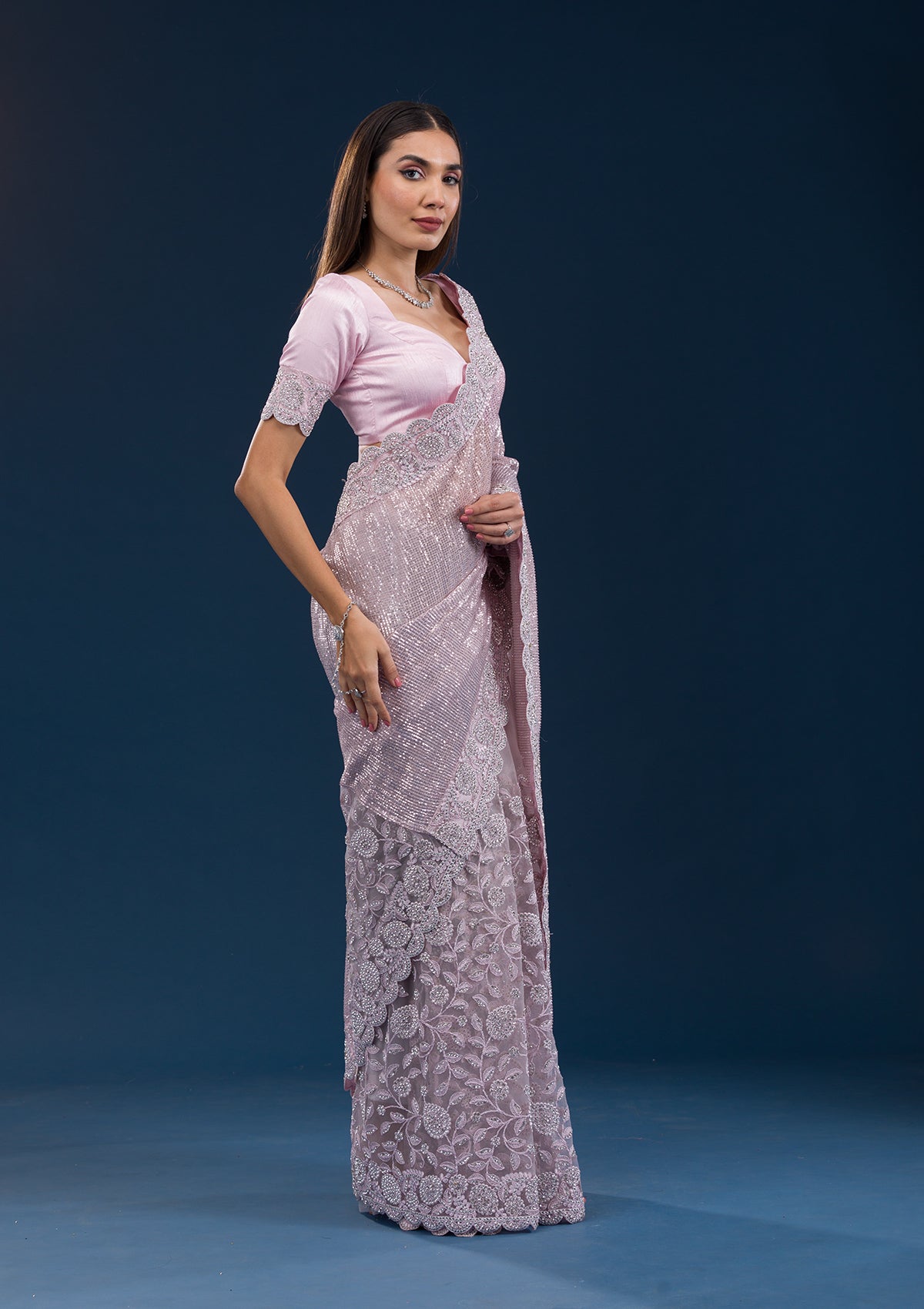 Koskii Baby Pink Threadwork Net Saree – Women's - view 5