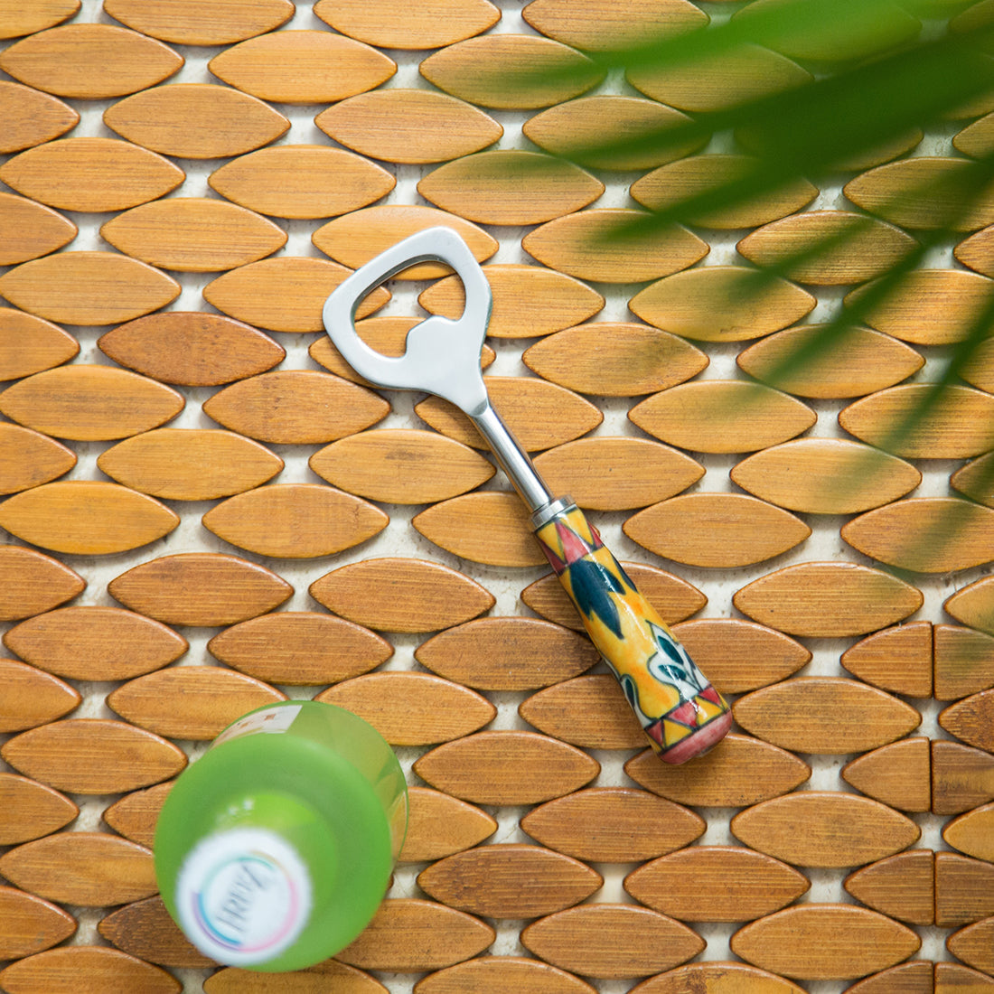 EXCLUSIVELANE 'The Mughal Patti' Handpainted Bottle Opener In Stainless Steel & Ceramic
