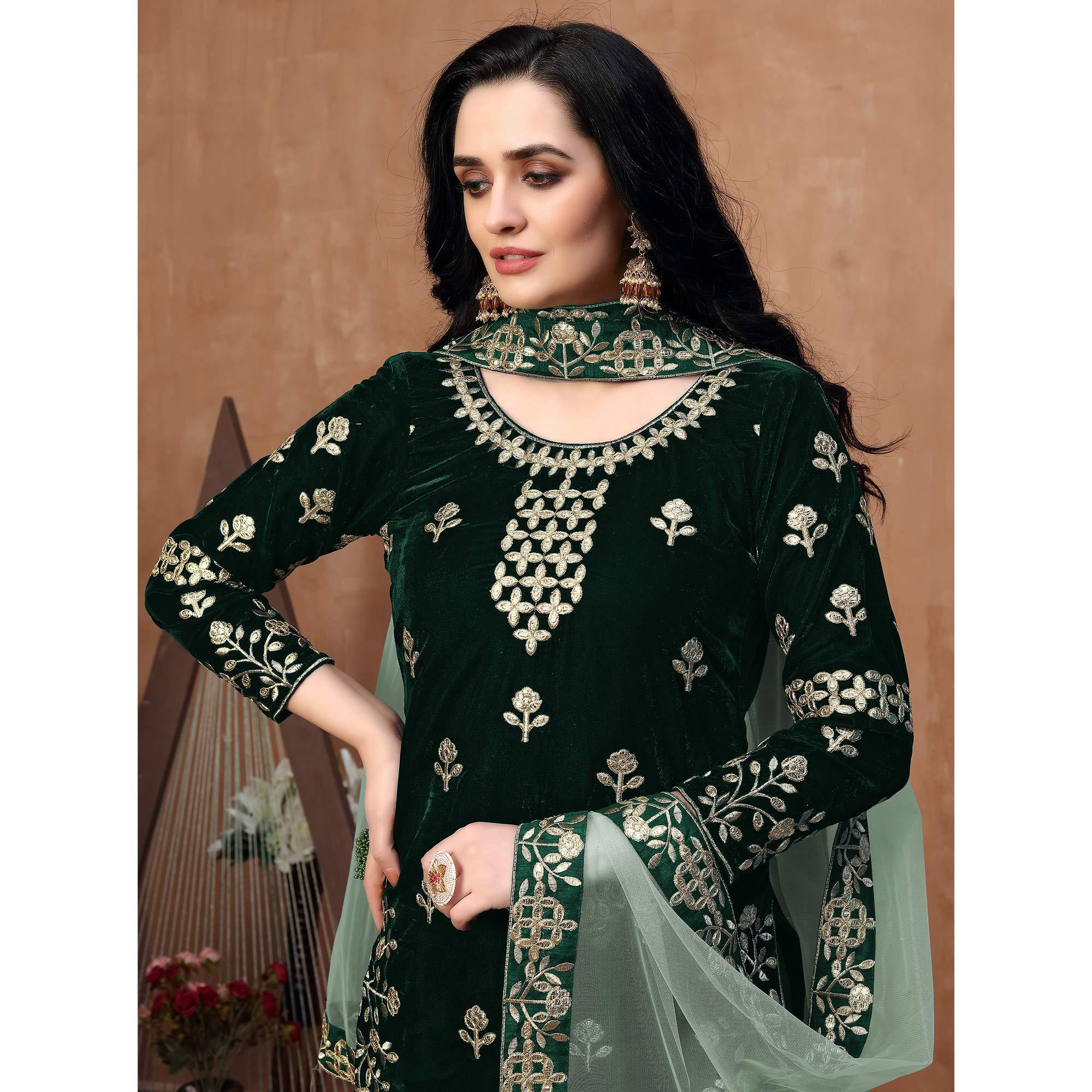 Peachmode Elegant Green Coloured Partywear Mirror Embroidered Velvet Patiala Suit - view 4