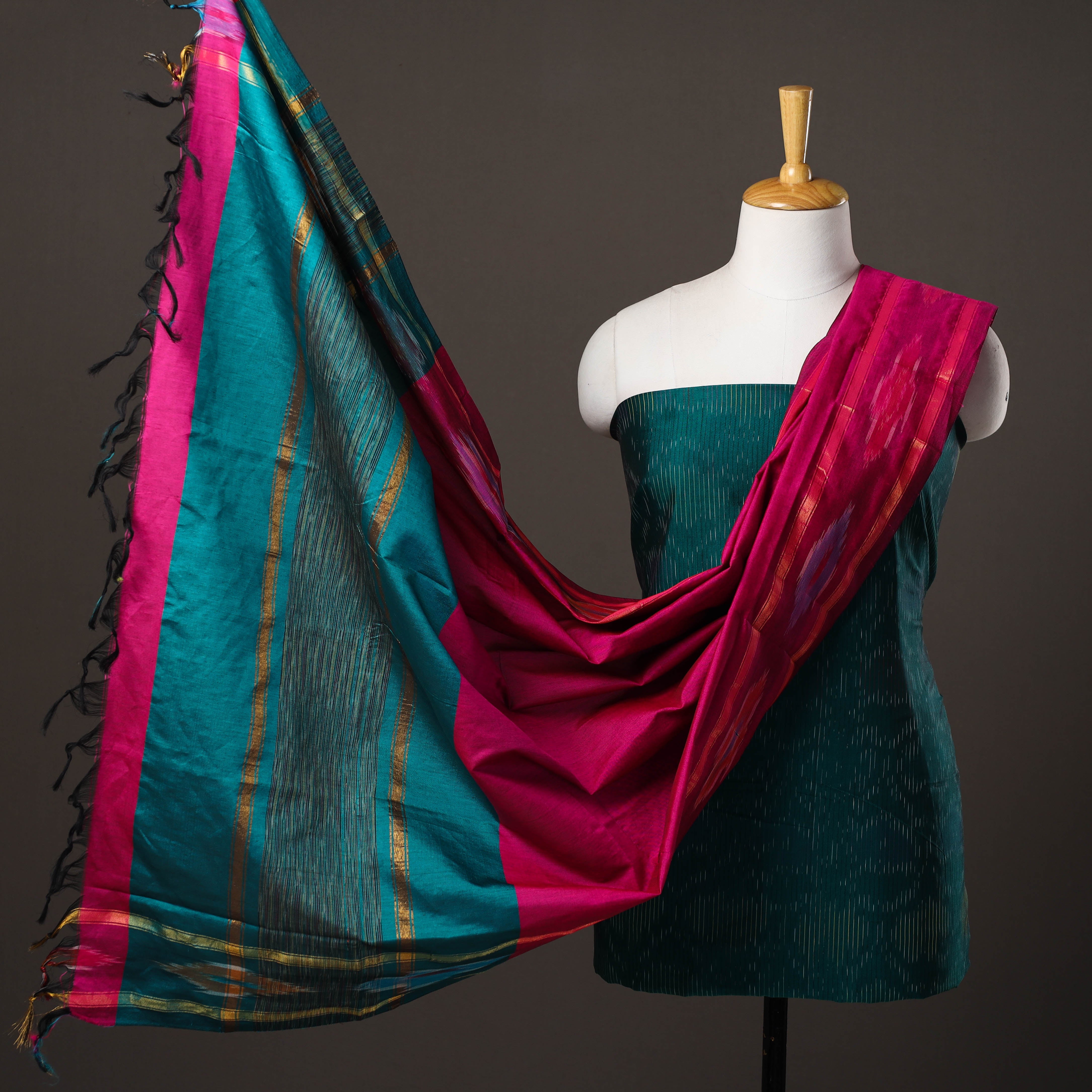 SOUTH KARGHA Green - 3pc Handloom Silk Cotton Pochampally Ikat Dress Material 20