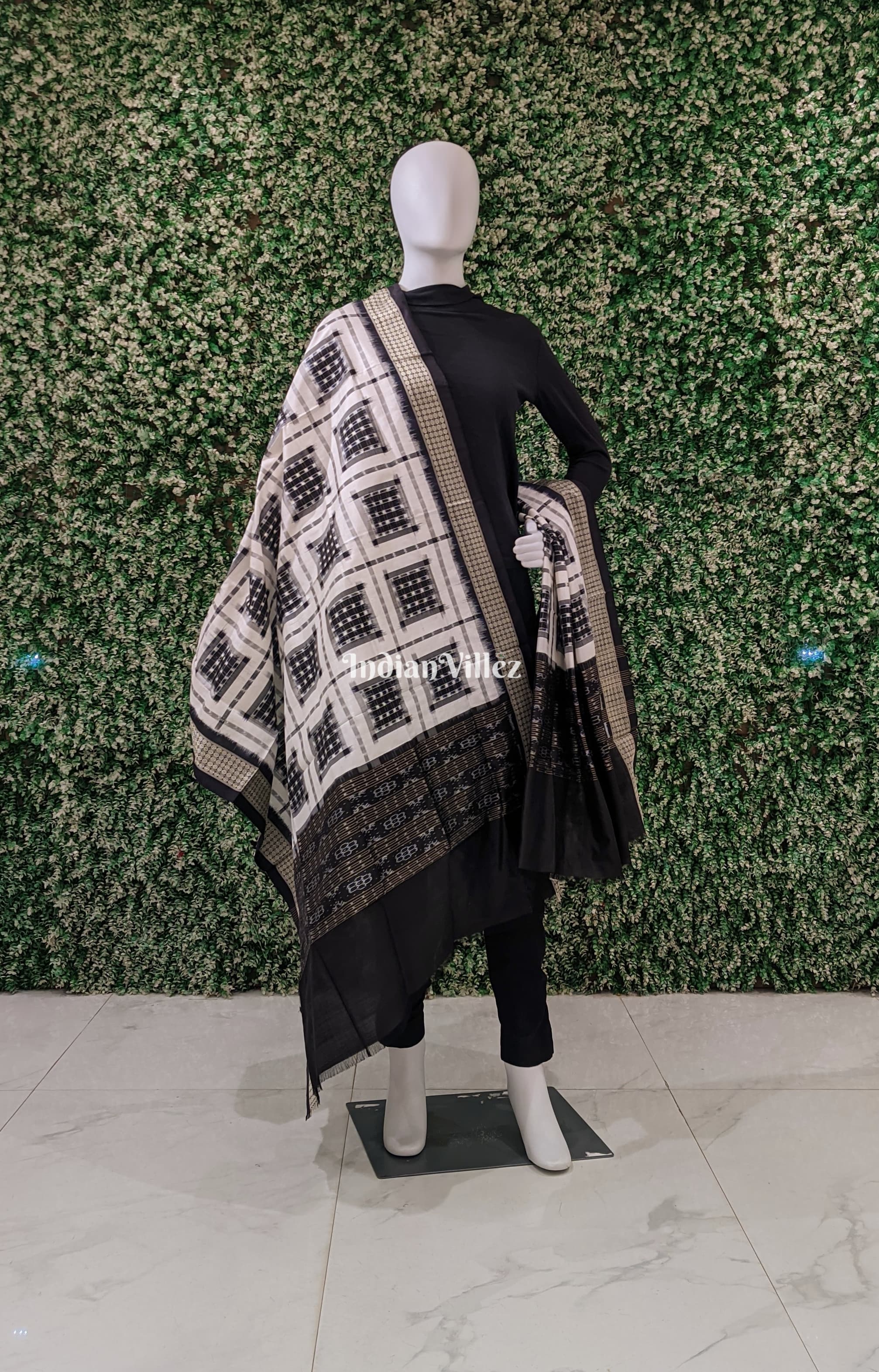 IndianVillèz Black & White Ashwin Theme Pure Sambalpuri Silk Dupatta