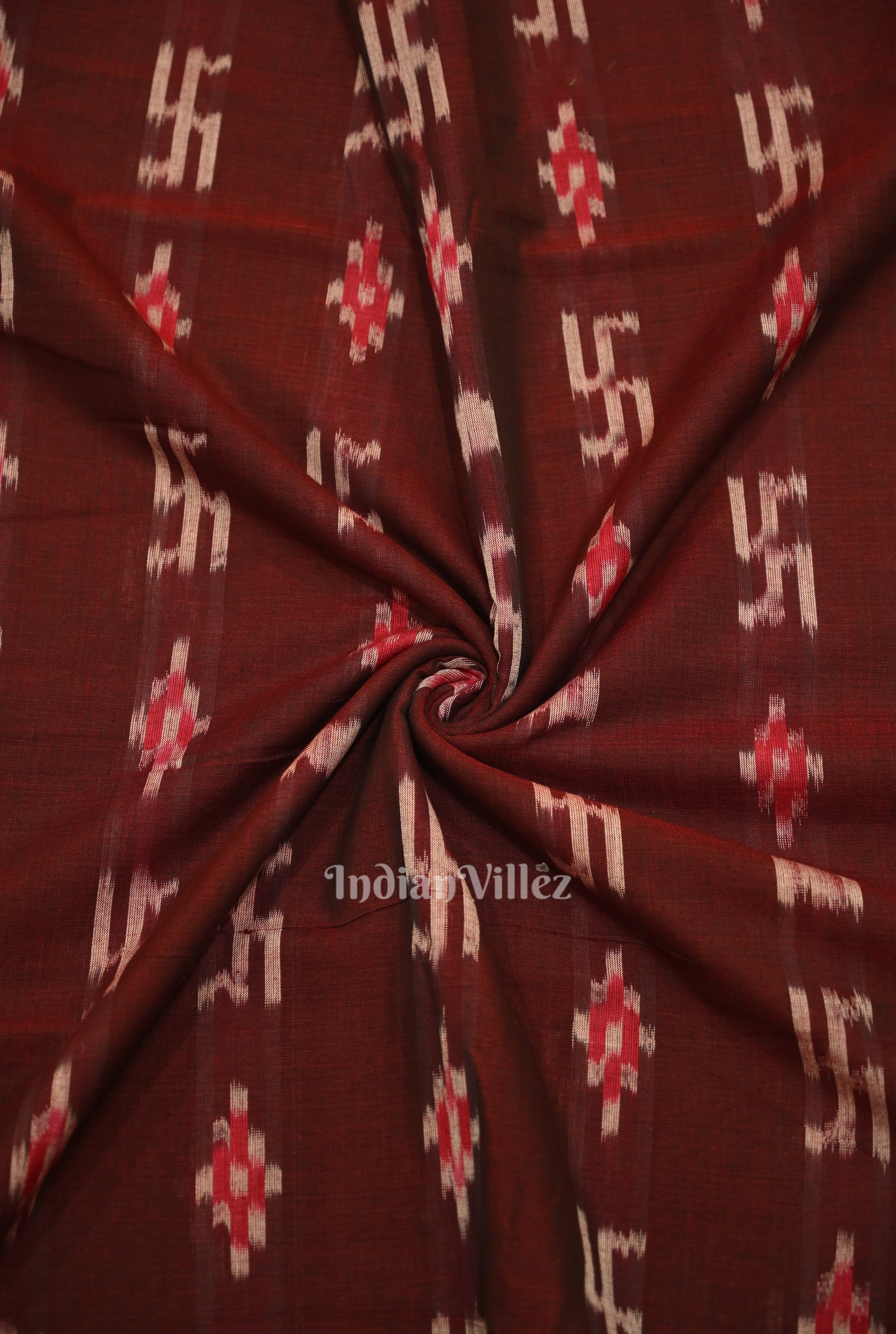 IndianVillèz Maroon Swastik Sambalpuri Ikat Cotton Fabric