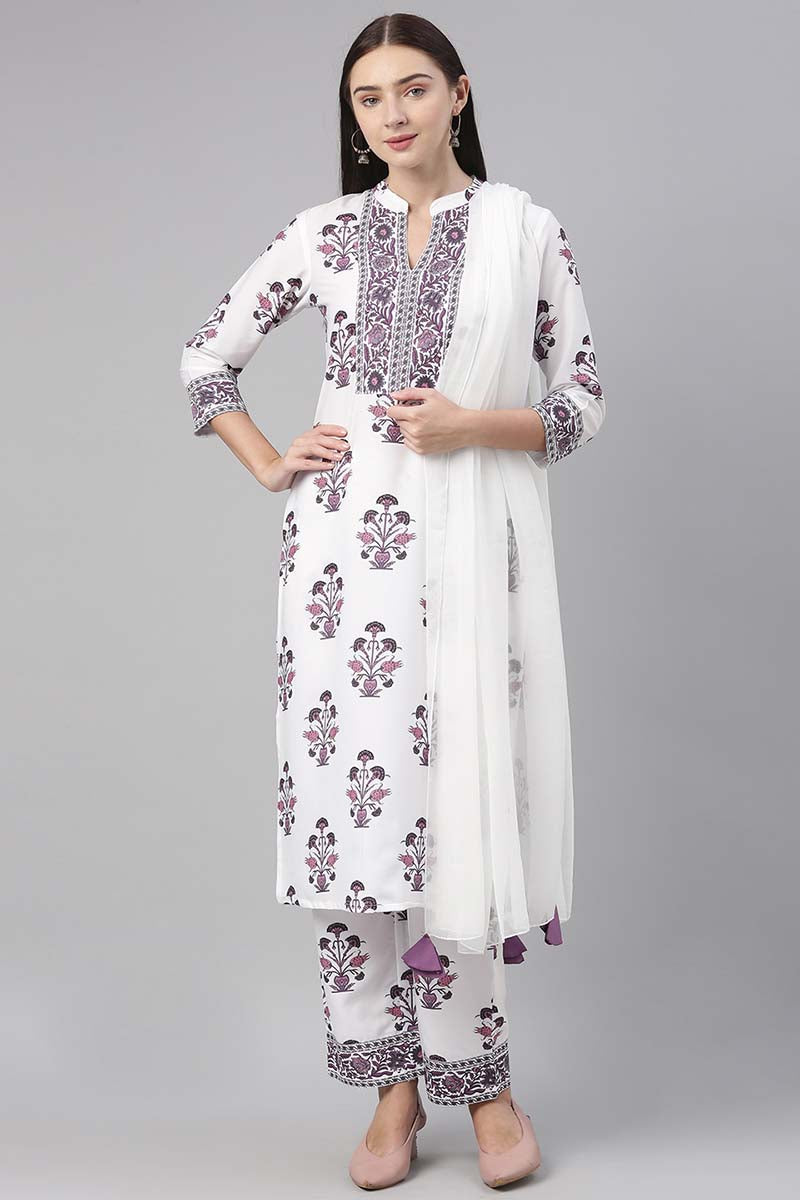 Ahika White Polyester Ethnic Motifs Straight Suit Set PKSKD1033