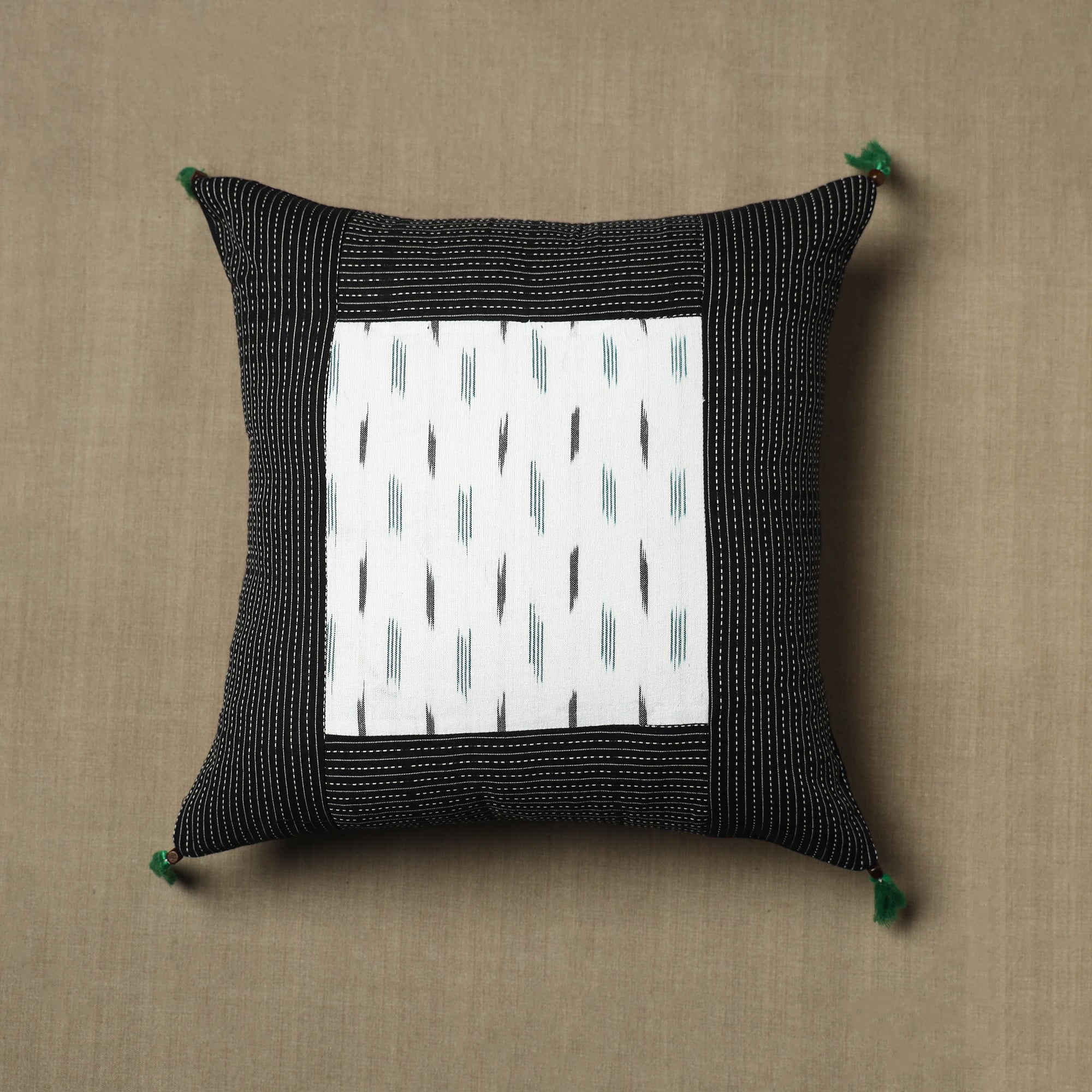 NOORI BAZAR Black - Kantha Stitch Ikat Cotton Cushion Cover (16 x 16 in) 07