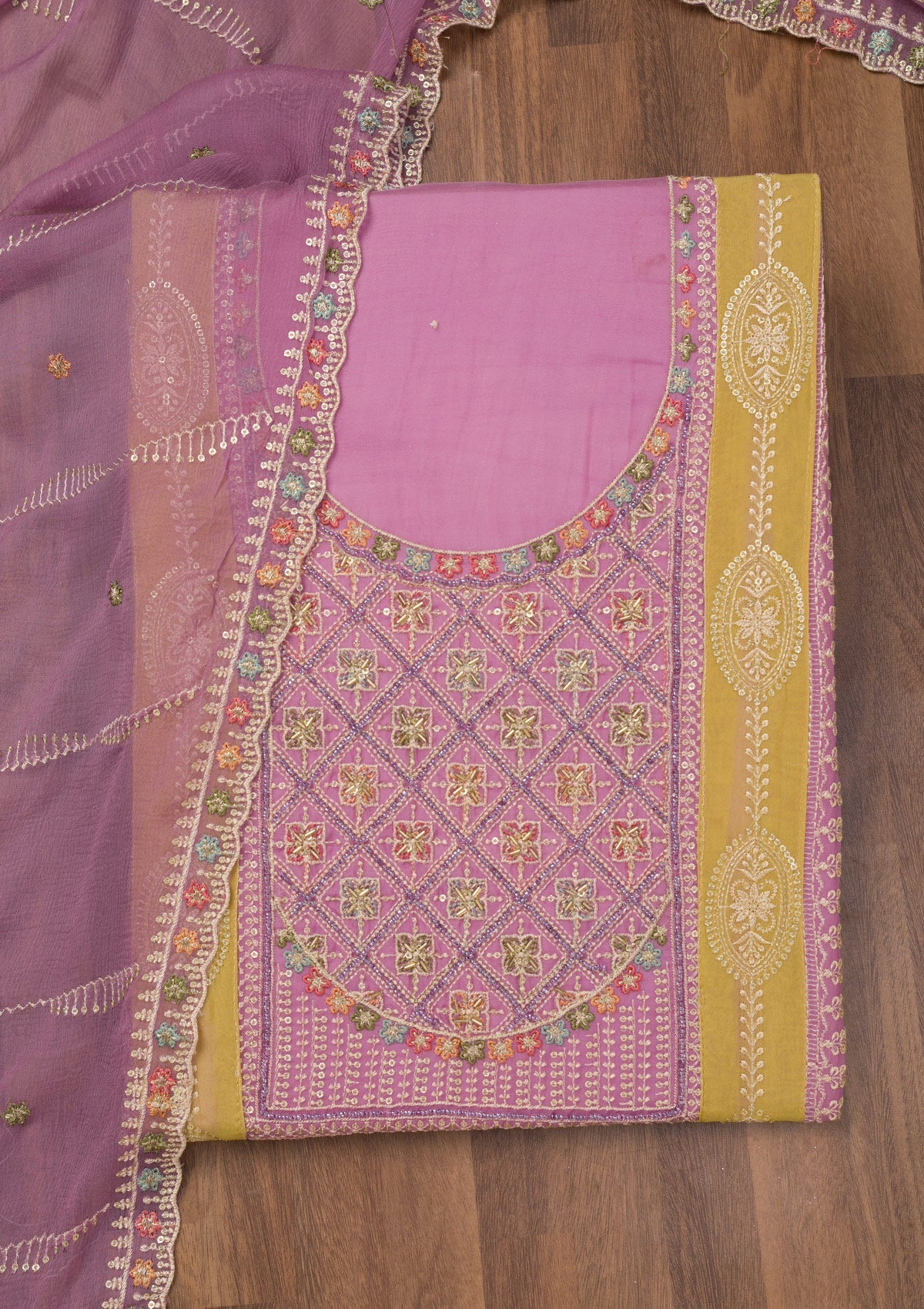 Koskii Lavender Threadwork Semi Crepe Unstitched Salwar Suit - view 5