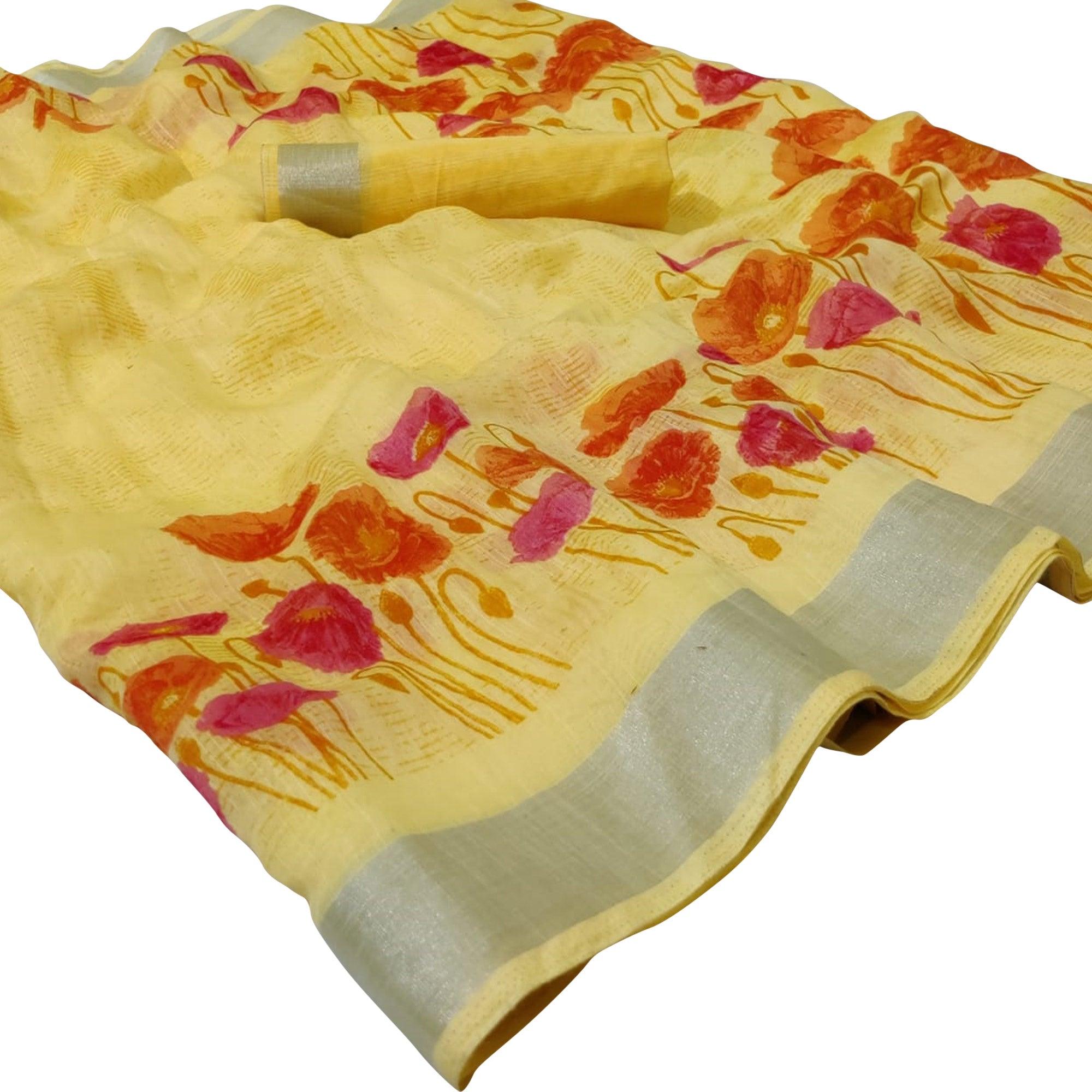 Peachmode Majesty Yellow Colored Casual Floral Printed Linen Saree