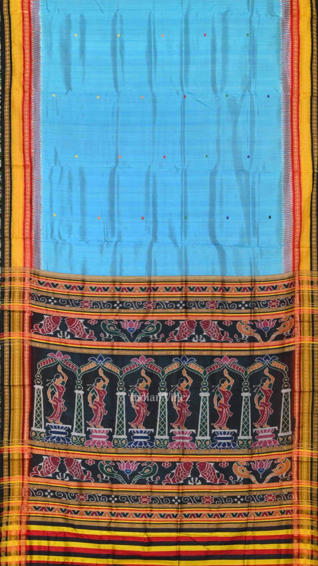IndianVillèz Surf Blue Kathiphera Khandua Silk Saree with Odishi Dancer Pallu
