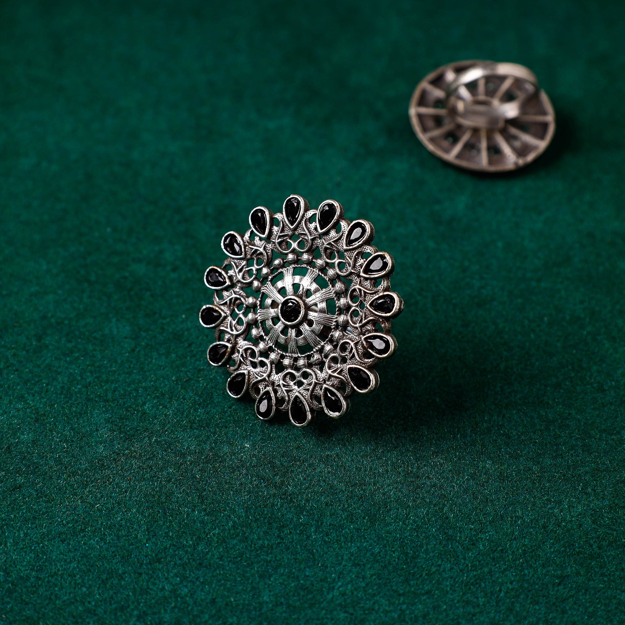 WHITE RIVER STORIES Antique Silver Finish Oxidised Brass Base Stone Work Ring (Adjustable)