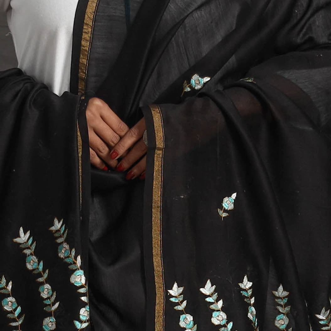 ITOKRI CRAFTS INITIATIVE Black - Handloom Chanderi Silk Kashida Embroidery Dupatta 31 - view 4