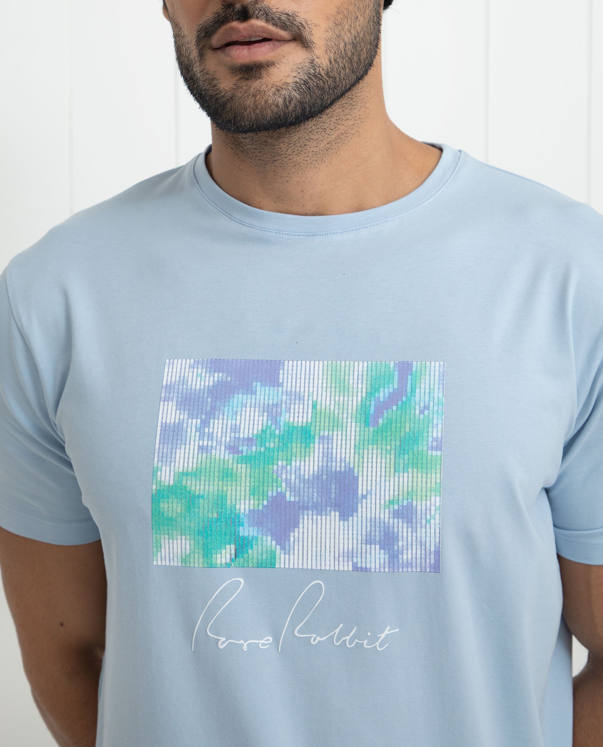 Rare Rabbit Men's Reed Blue Crew Neck Abstract Print With Branding Half Sleeves Slim Fit T-Shirt - view 2