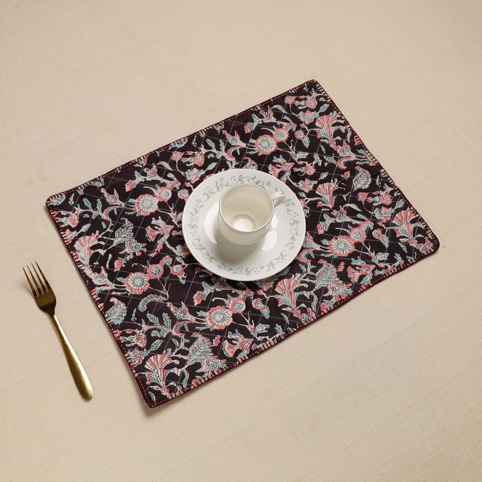 NOORI BAZAR Black - Hand Embroidered Floral Cotton Reversible Table Mat 08