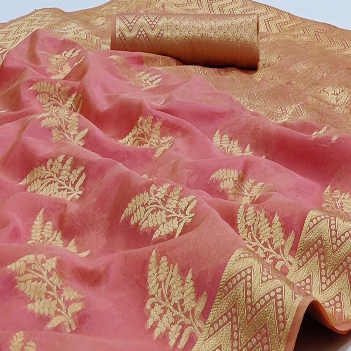 Peachmode Gajri Pink Festive Wear Woven Soft Organza Saree - view 2