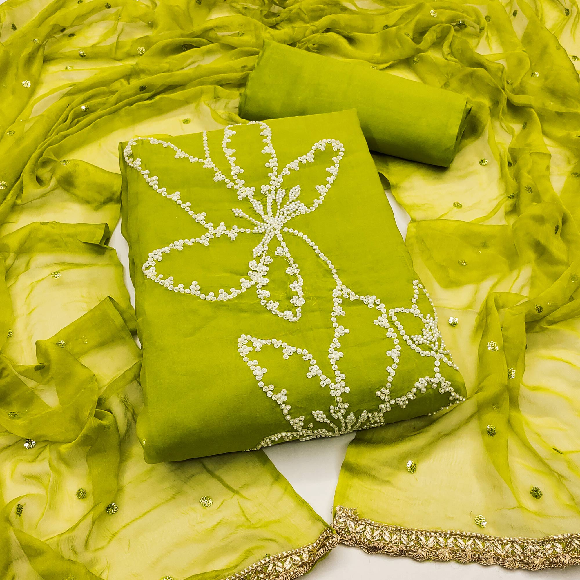 Green dress materials (unstitched) – BlackTree green-floral-sequins-with-moti-handwork-muslin-dress-material