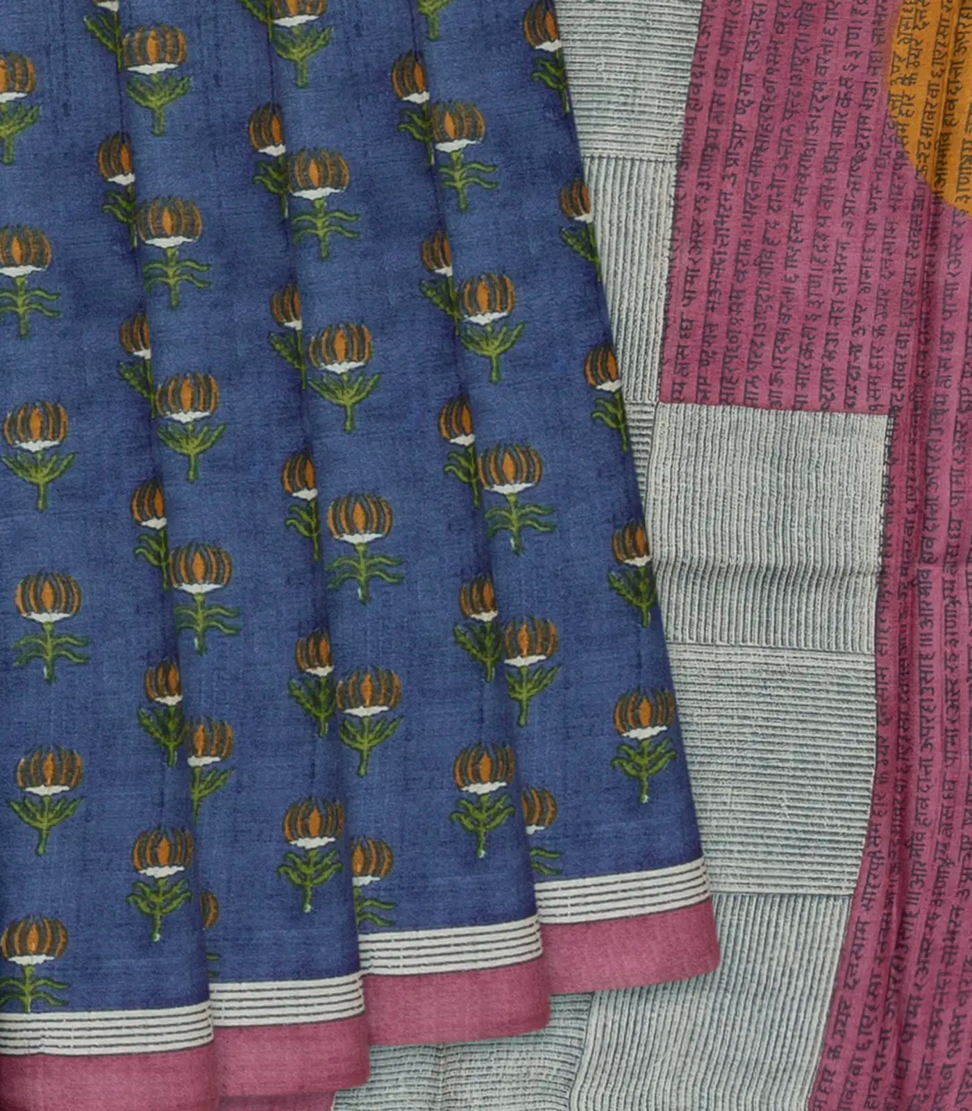 RmKV Blue Handloom Printed Tussar Silk Saree With Floral Motifs-Blue