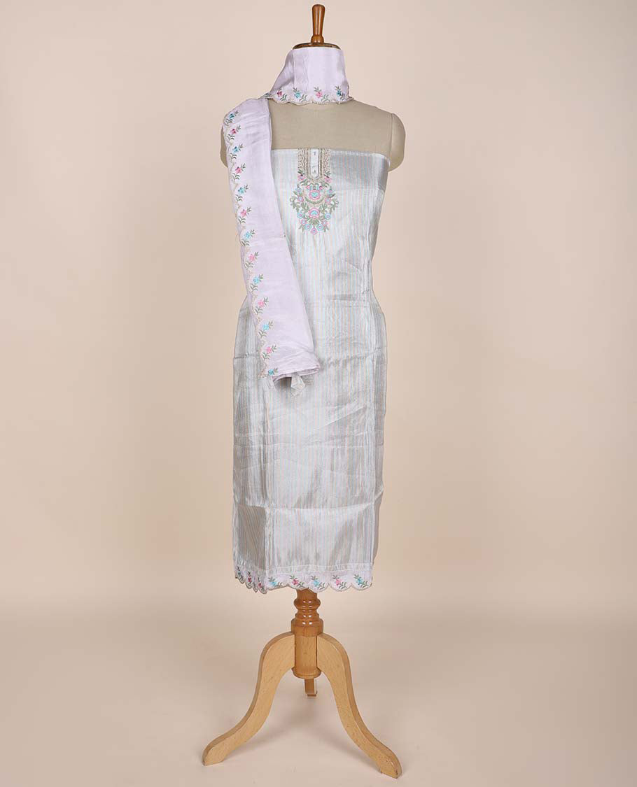 Pothys Silver chudidhar material set, neck embroidered top, contrast solid bottom & scallop embroidered dupatta
