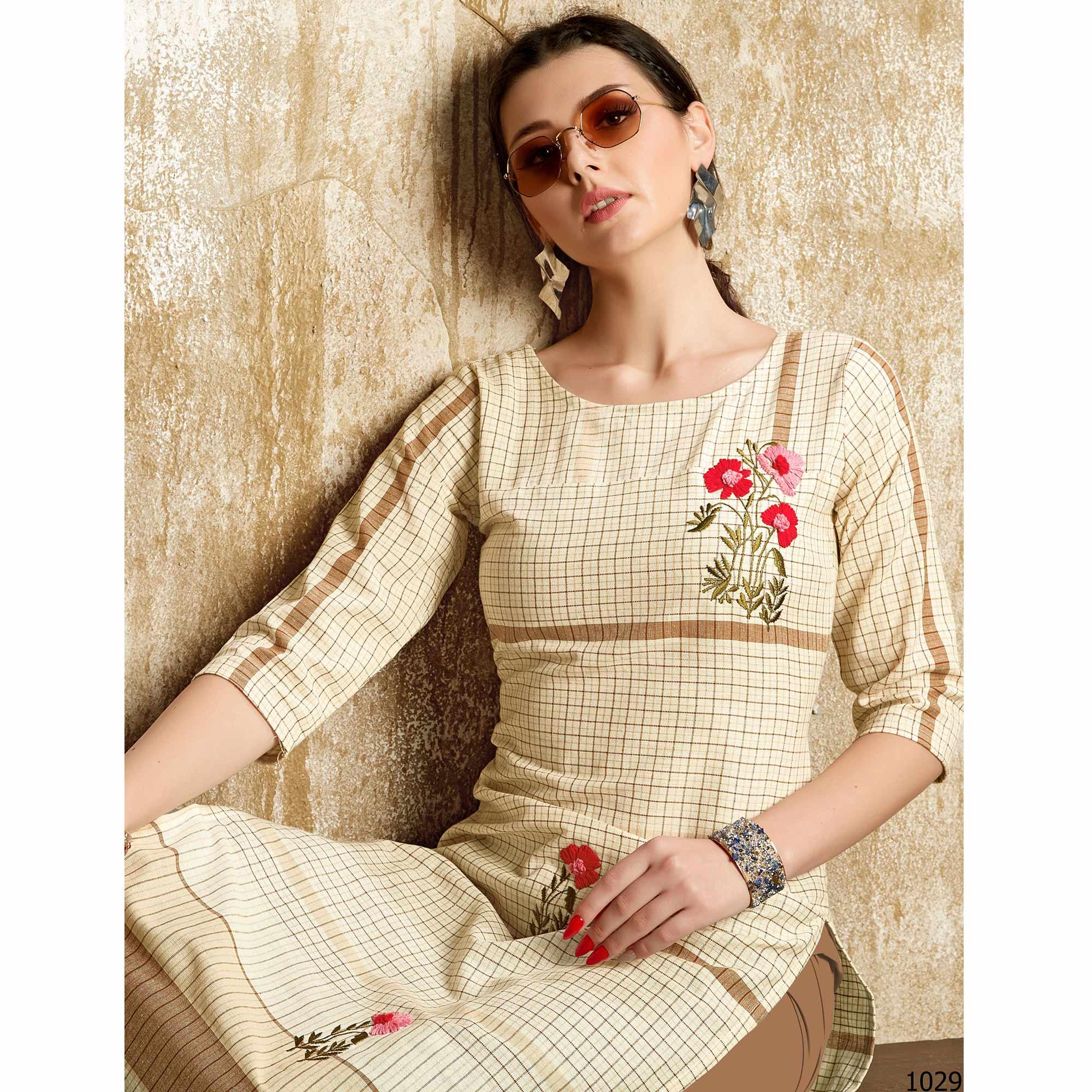 Peachmode Seller Mesmeric Cream - Chiku Colored Casual Wear Embroidered Pure Cotton Kurti - view 2