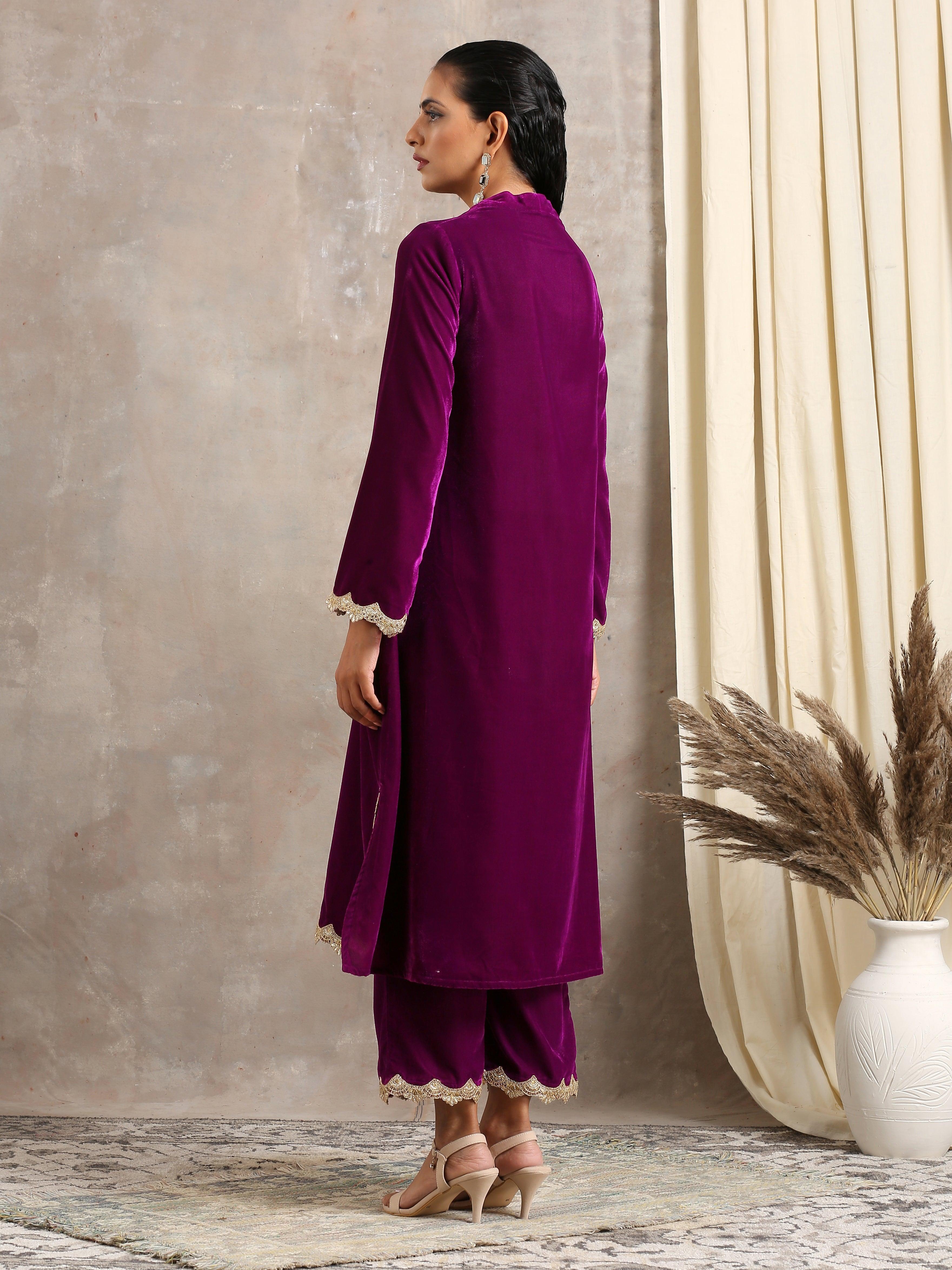Wine Velvet Lace Kurta Pant Set | Relove - view 8