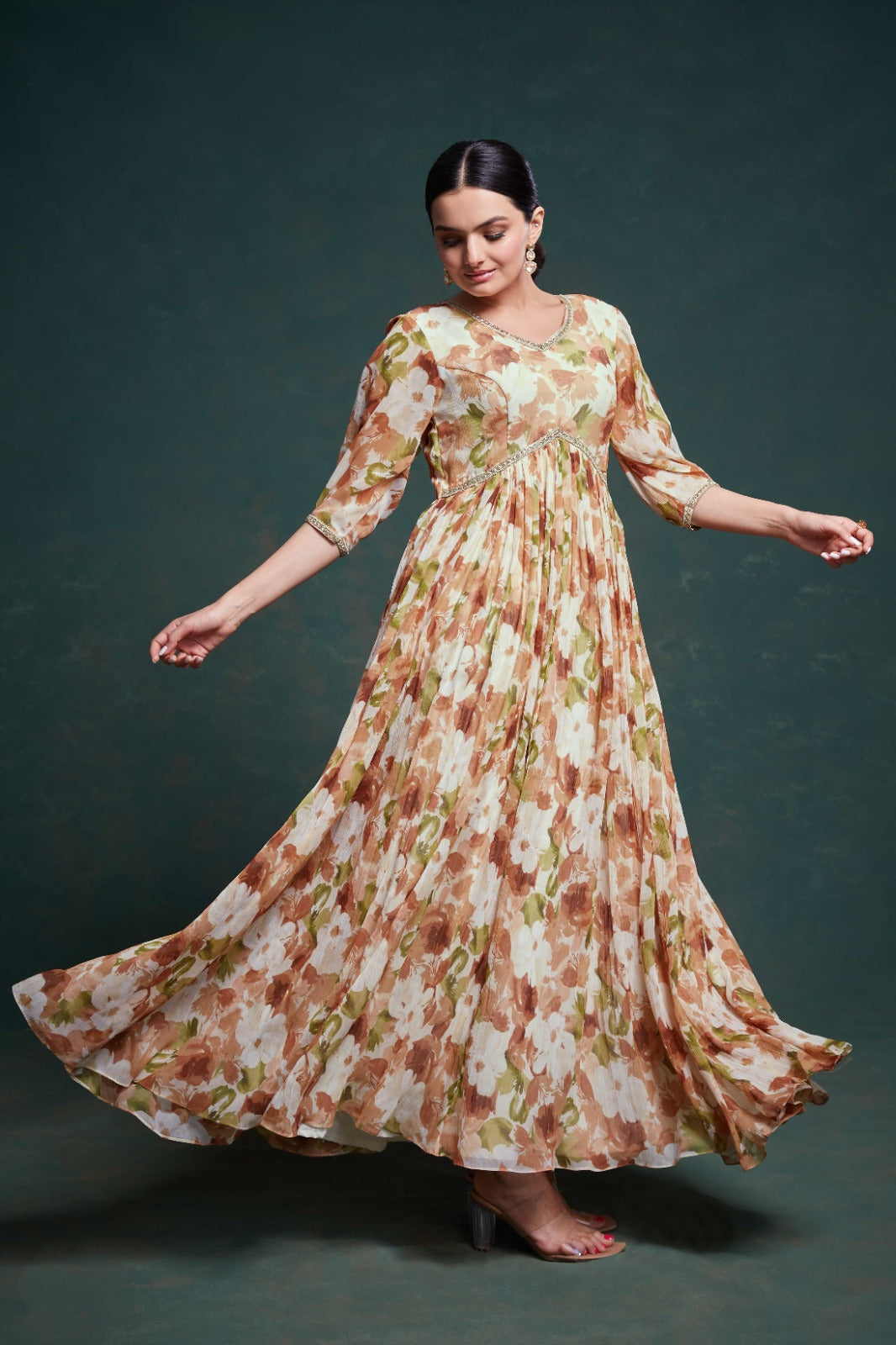 ClothsVilla Chic Brown Georgette Dress with Elegant Prints – Ready to Wear