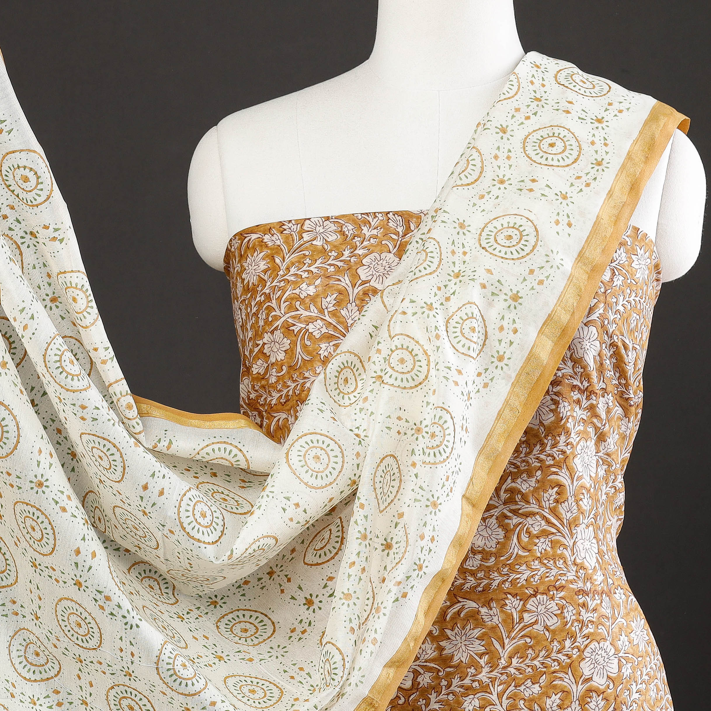 ARTISAN HAND BLOCK PRINTS Brown - 3pc Sanganeri Block Printed Chanderi Silk Suit Material Set - view 3